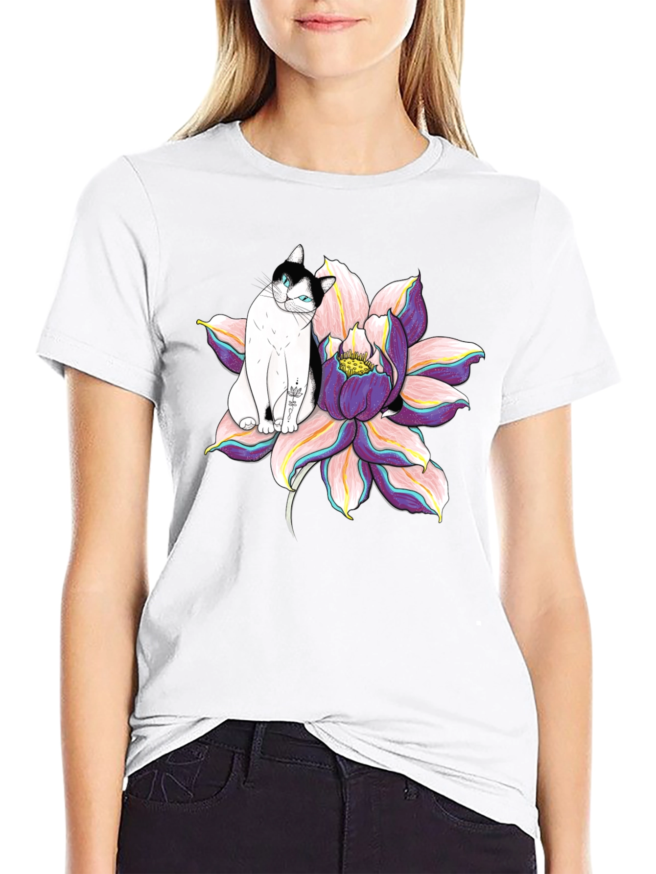 Black T-Shirt with Cat and Lotus Flower Graphic