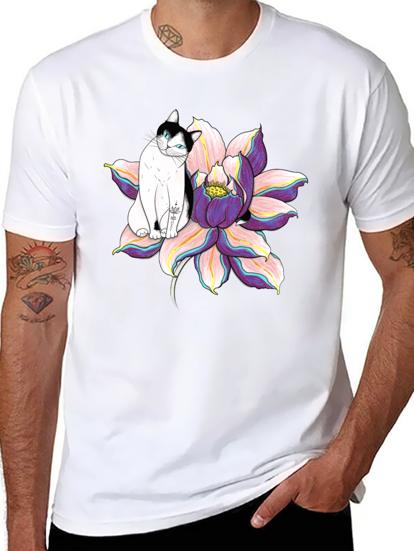 Black T-Shirt with Cat and Lotus Flower Graphic