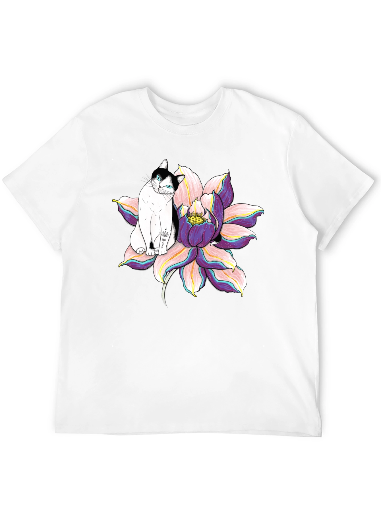 Black T-Shirt with Cat and Lotus Flower Graphic