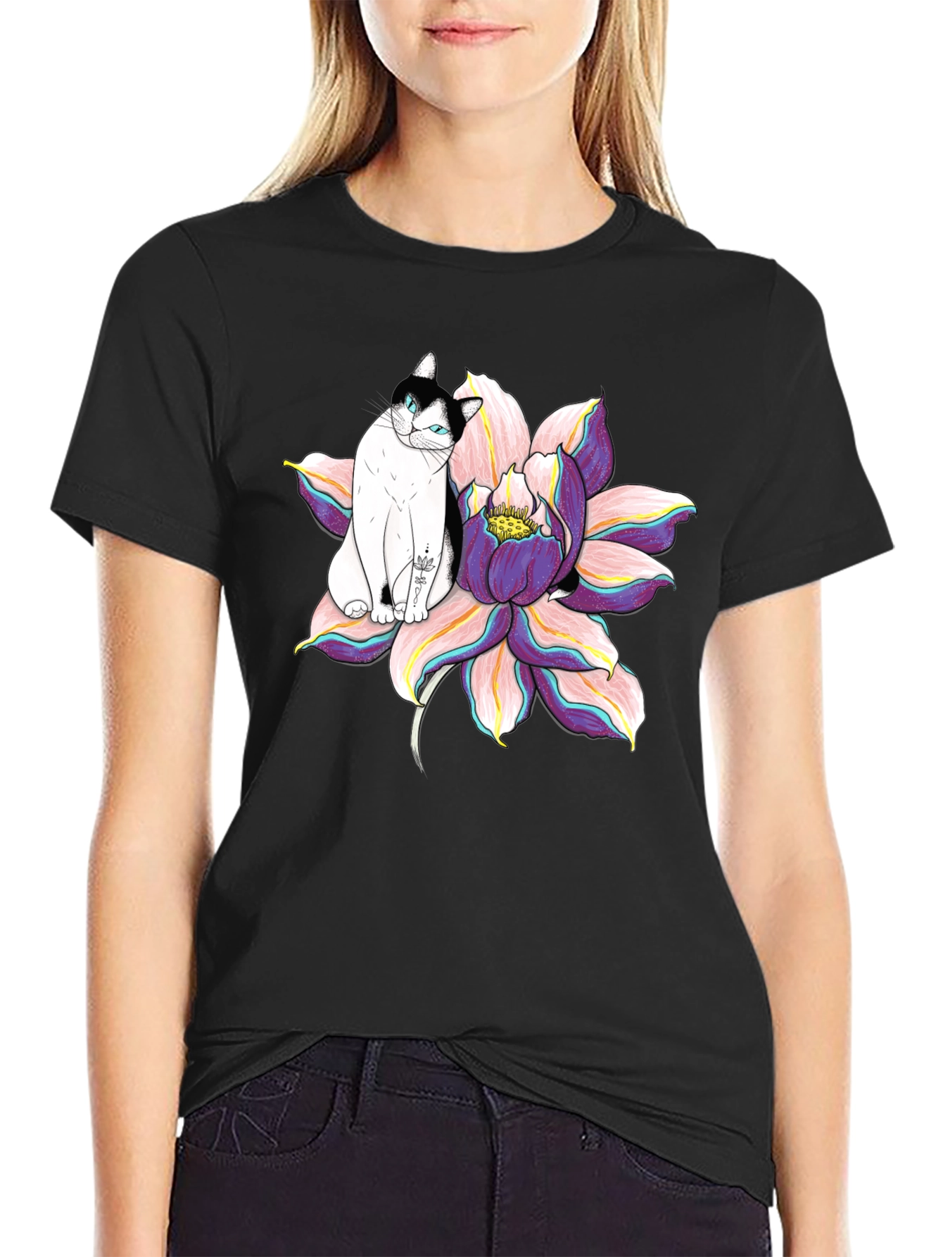 Black T-Shirt with Cat and Lotus Flower Graphic