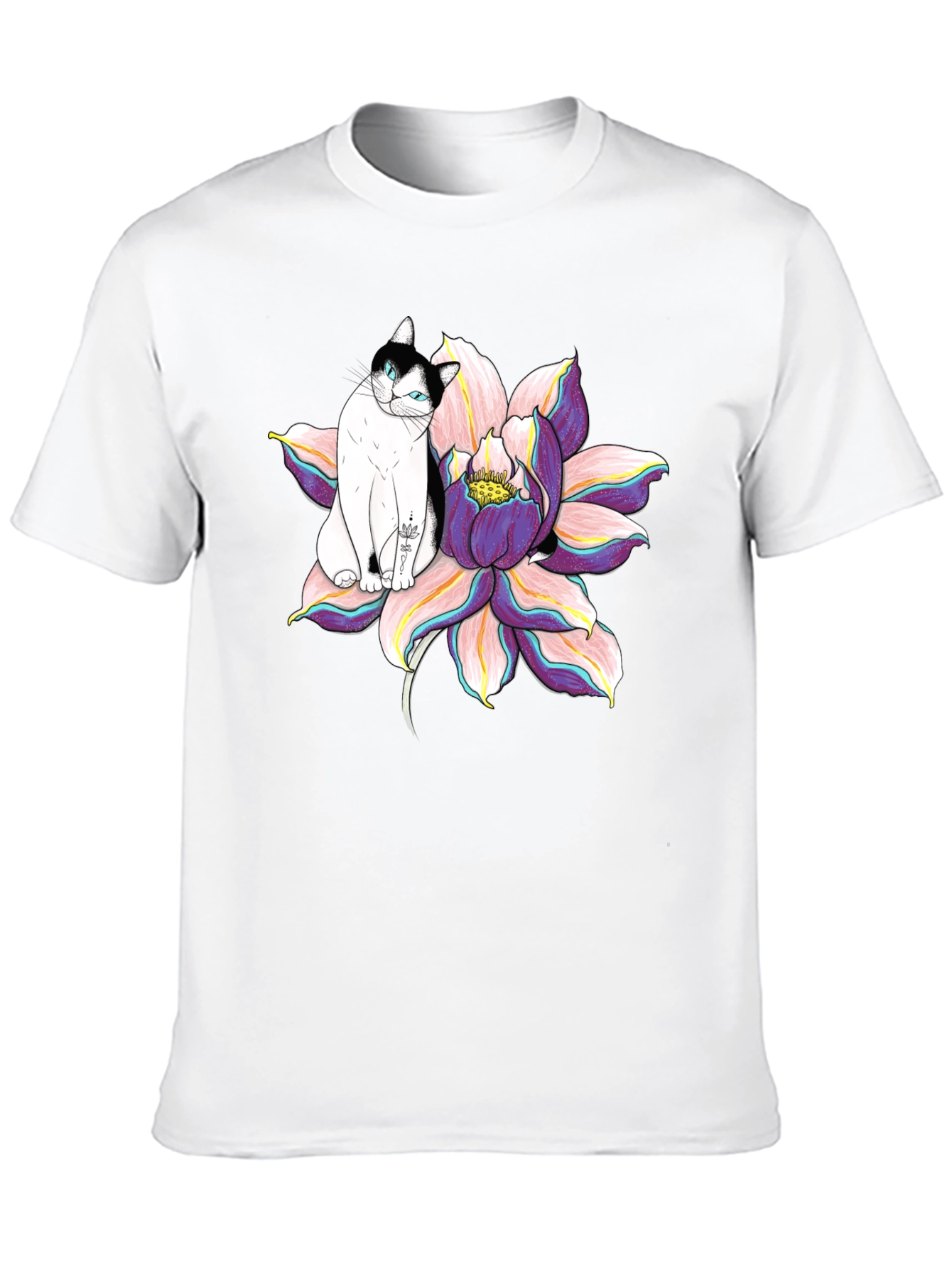 Black T-Shirt with Cat and Lotus Flower Graphic