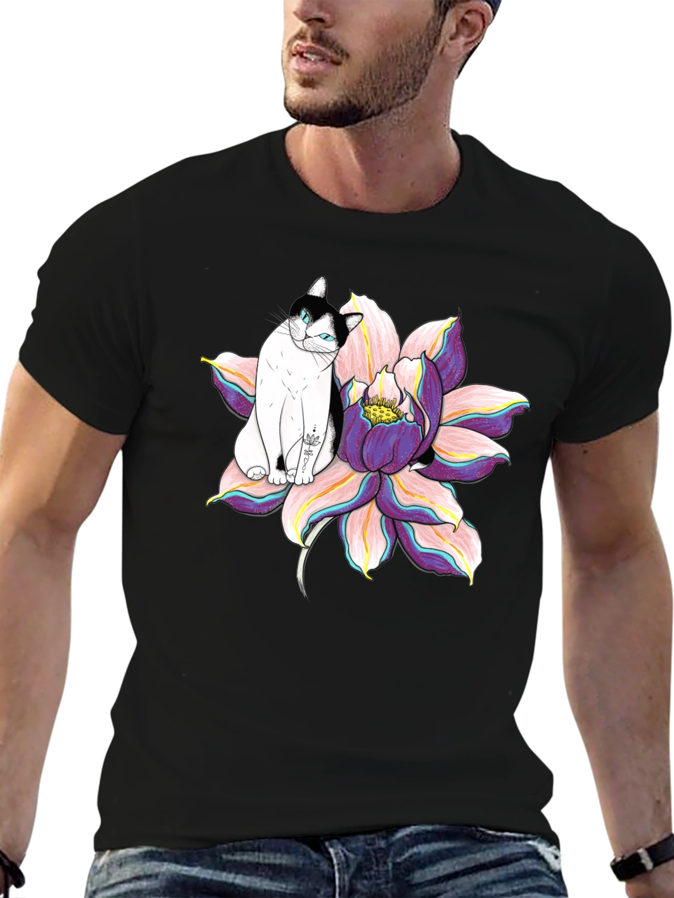 Black T-Shirt with Cat and Lotus Flower Graphic