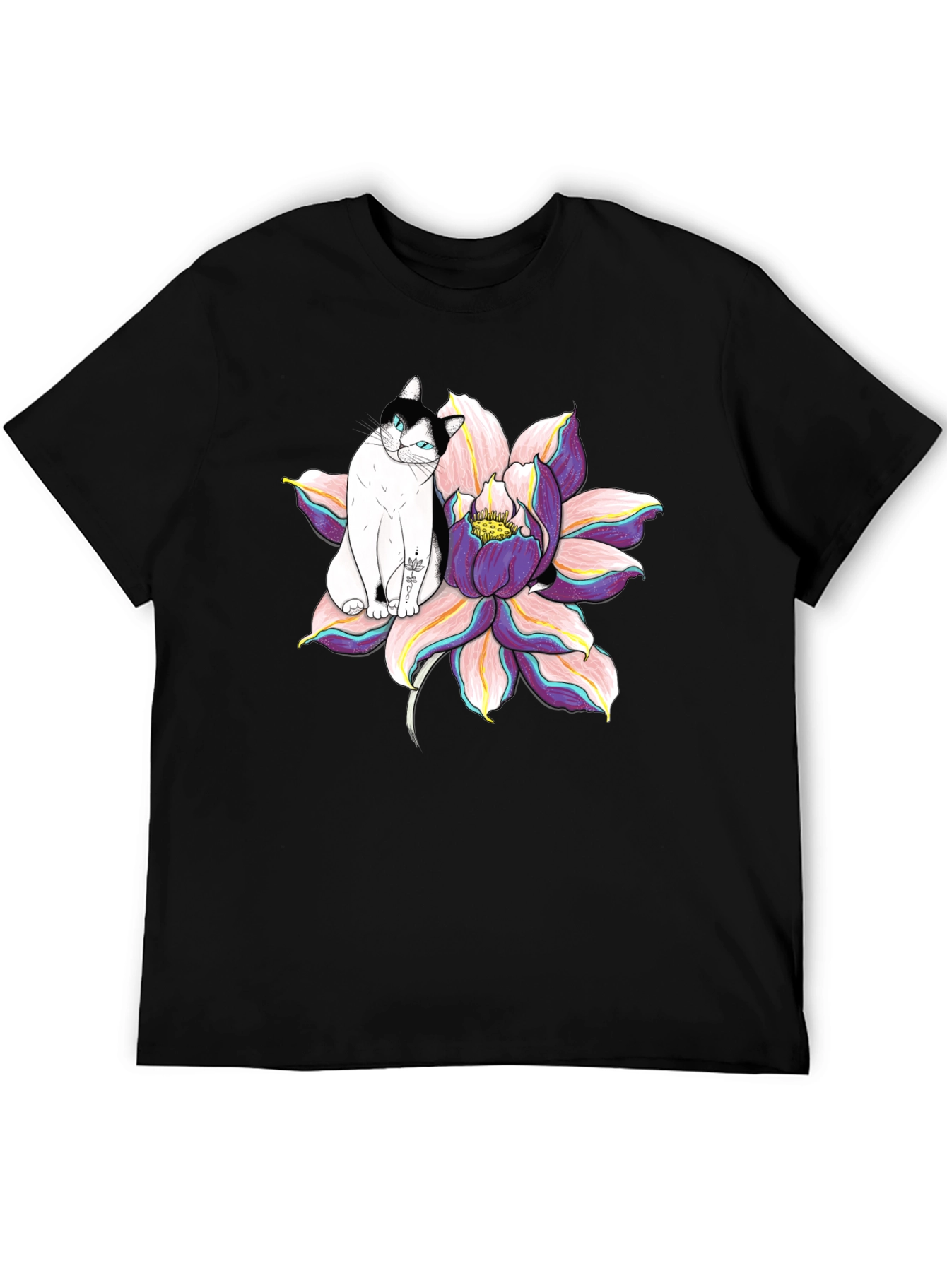 Black T-Shirt with Cat and Lotus Flower Graphic