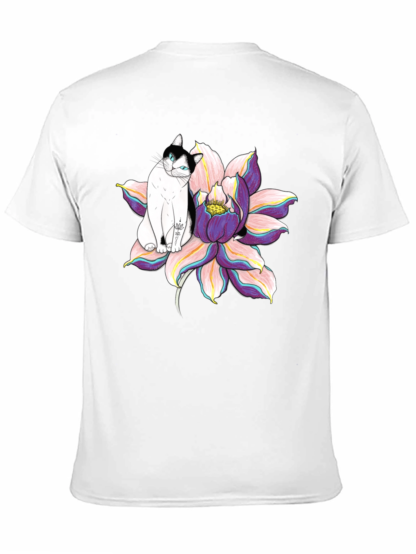 Black T-Shirt with Cat and Lotus Flower Graphic