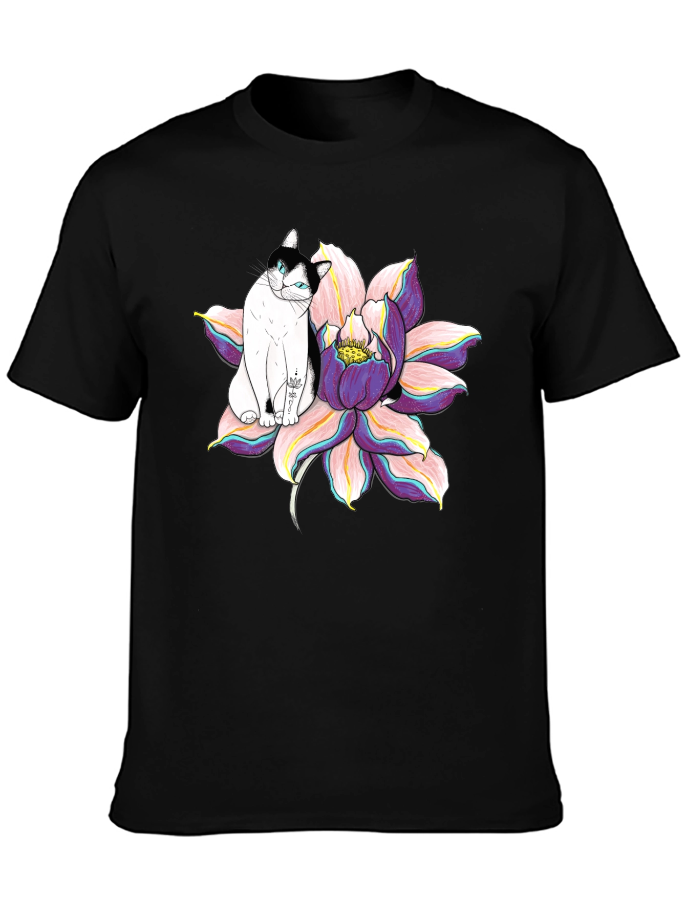 Black T-Shirt with Cat and Lotus Flower Graphic