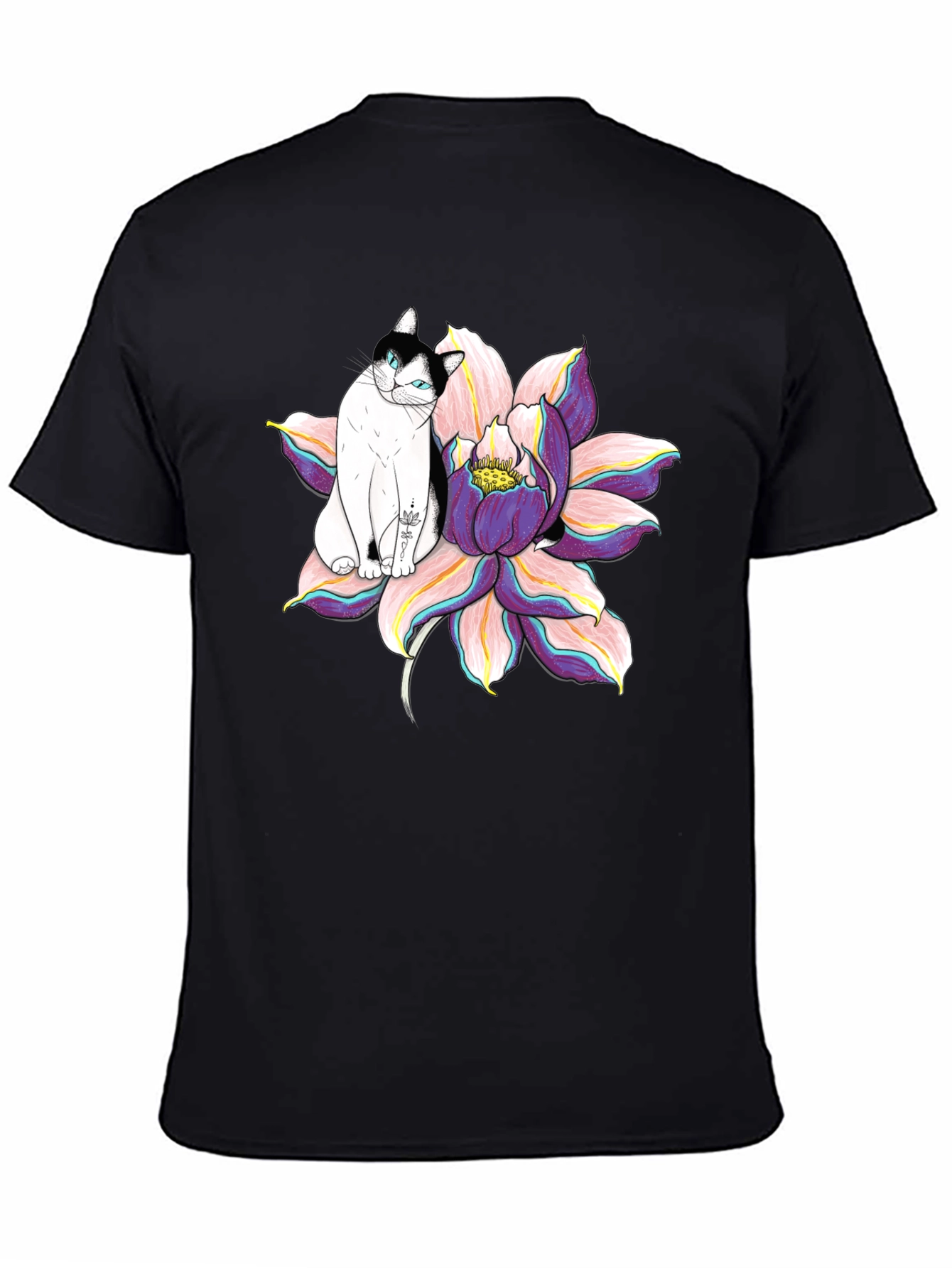 Black T-Shirt with Cat and Lotus Flower Graphic