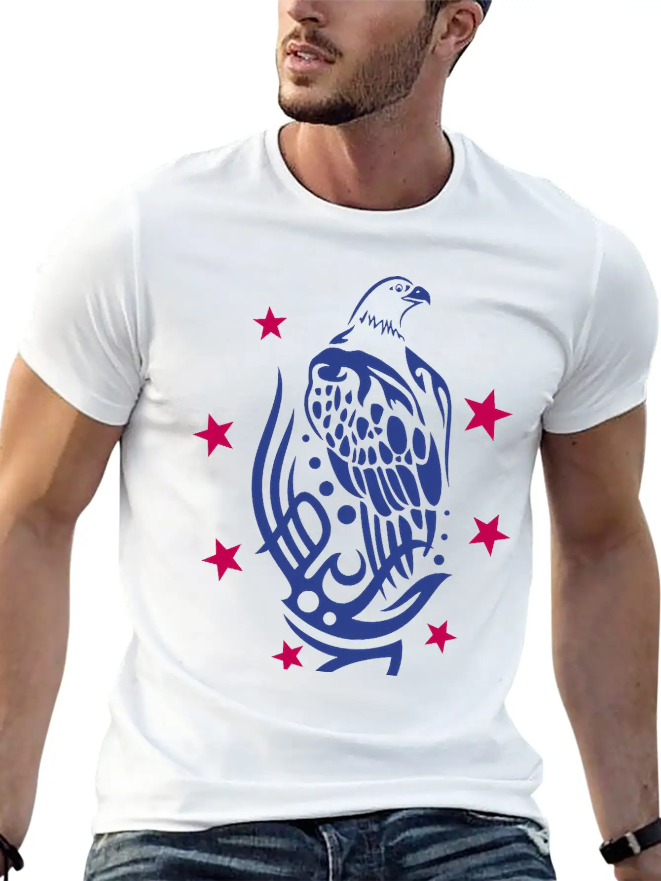 Eagle With Tattoo Tribal Ornament And Stars. Unisex Casual T-Shirt – Clean Design For Daily Comfort