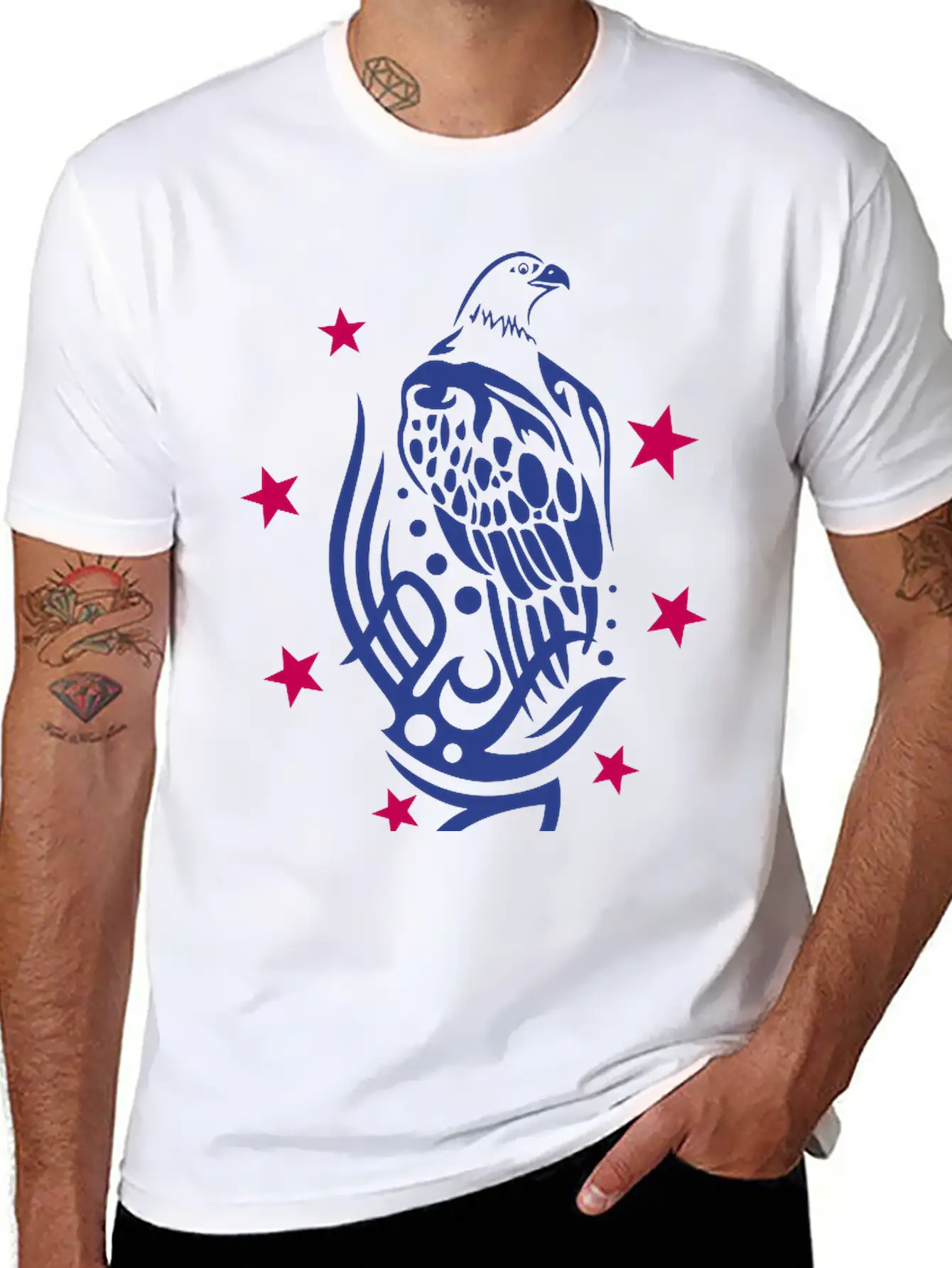 Eagle With Tattoo Tribal Ornament And Stars. Unisex Casual T-Shirt – Clean Design For Daily Comfort