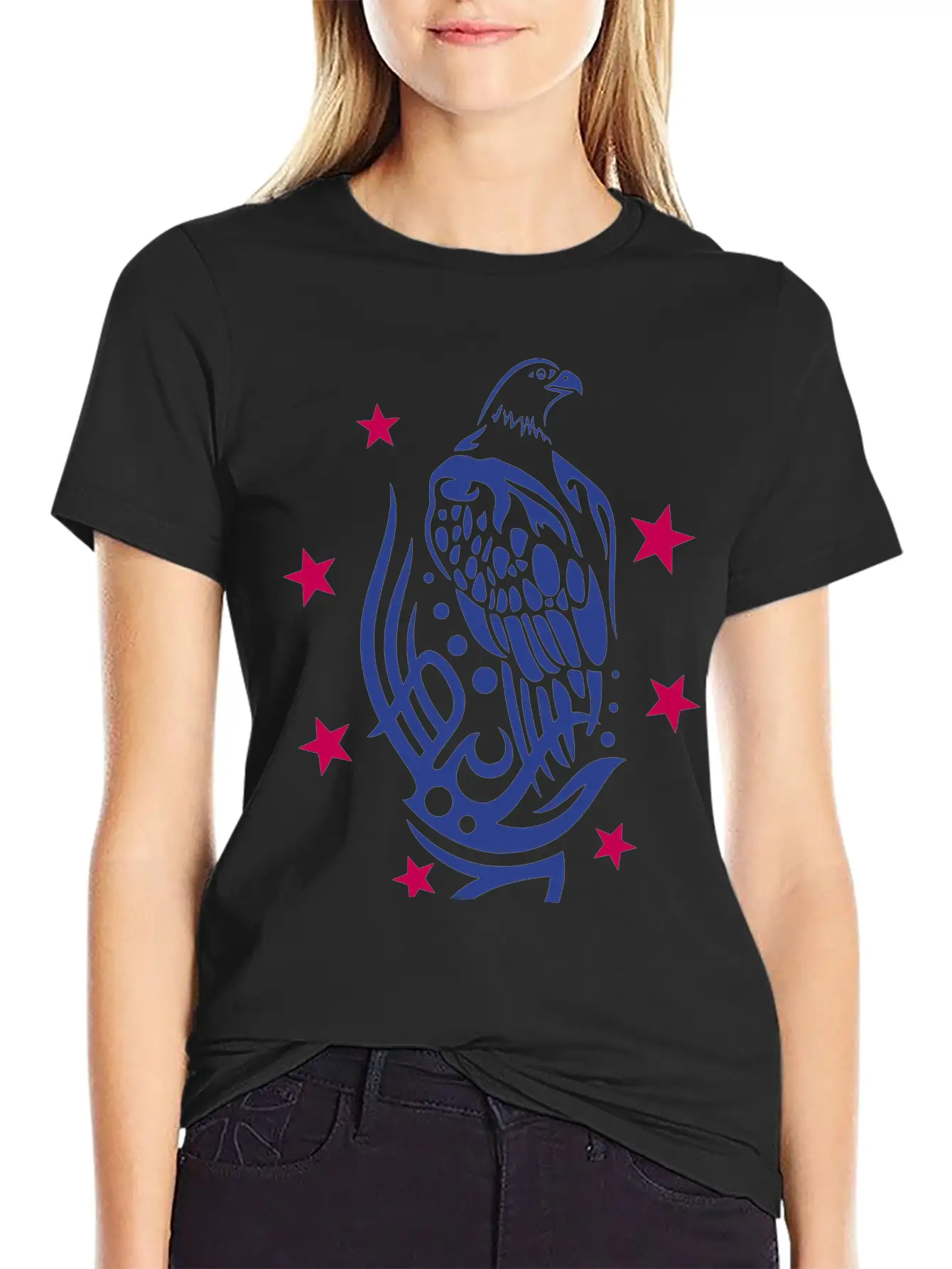 Eagle With Tattoo Tribal Ornament And Stars. Unisex Casual T-Shirt – Clean Design For Daily Comfort