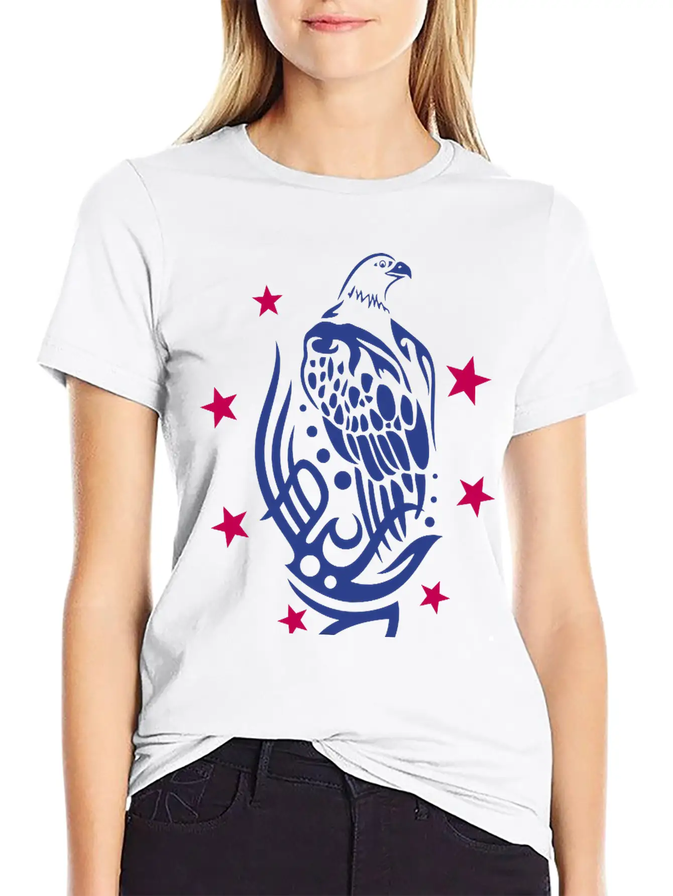 Eagle With Tattoo Tribal Ornament And Stars. Unisex Casual T-Shirt – Clean Design For Daily Comfort