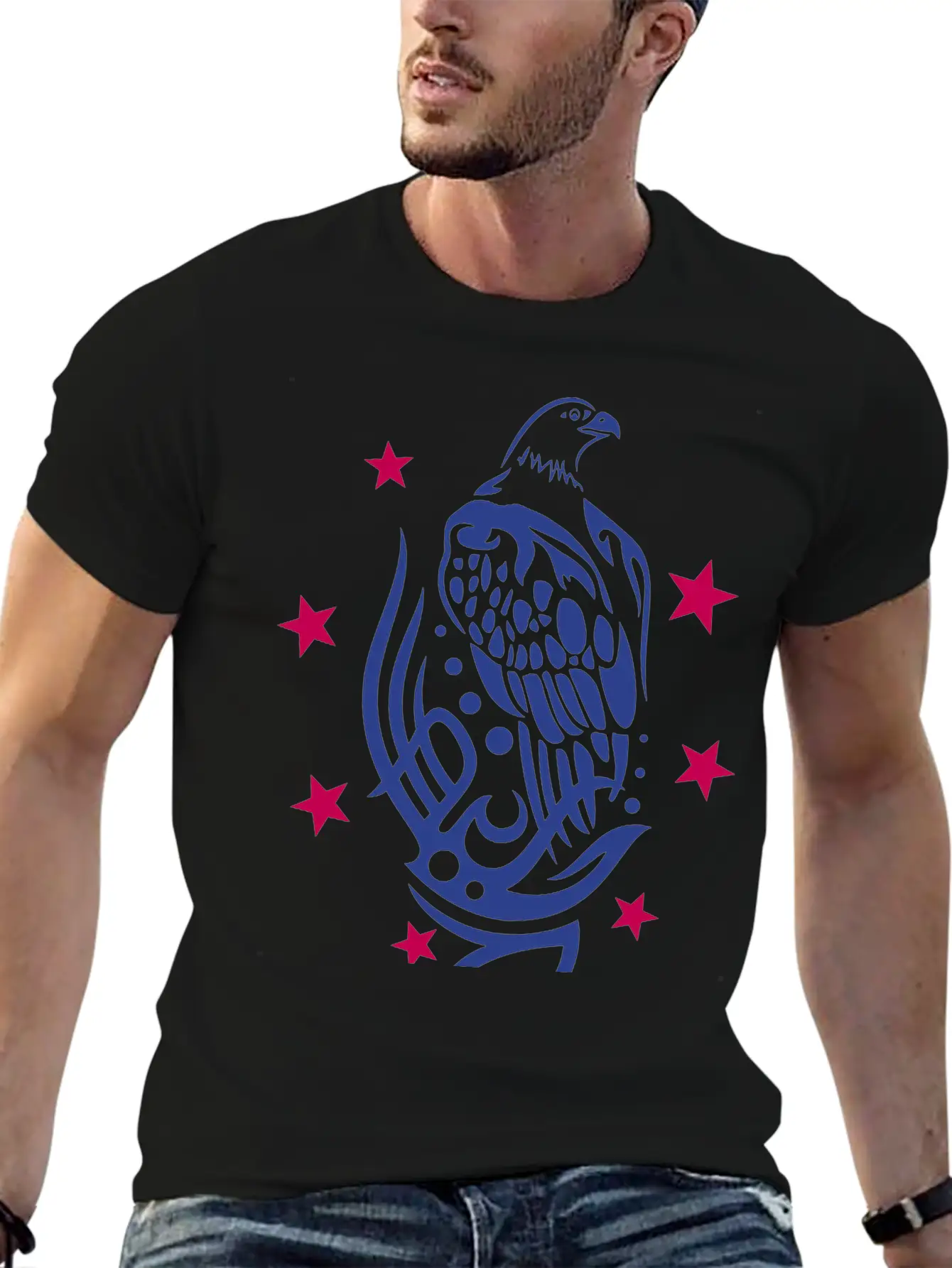Eagle With Tattoo Tribal Ornament And Stars. Unisex Casual T-Shirt – Clean Design For Daily Comfort