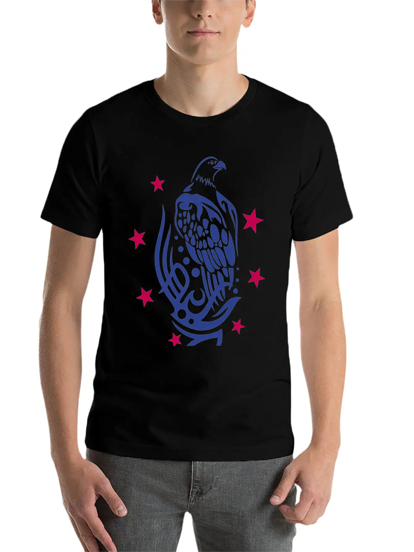 Eagle With Tattoo Tribal Ornament And Stars. Unisex Casual T-Shirt – Clean Design For Daily Comfort