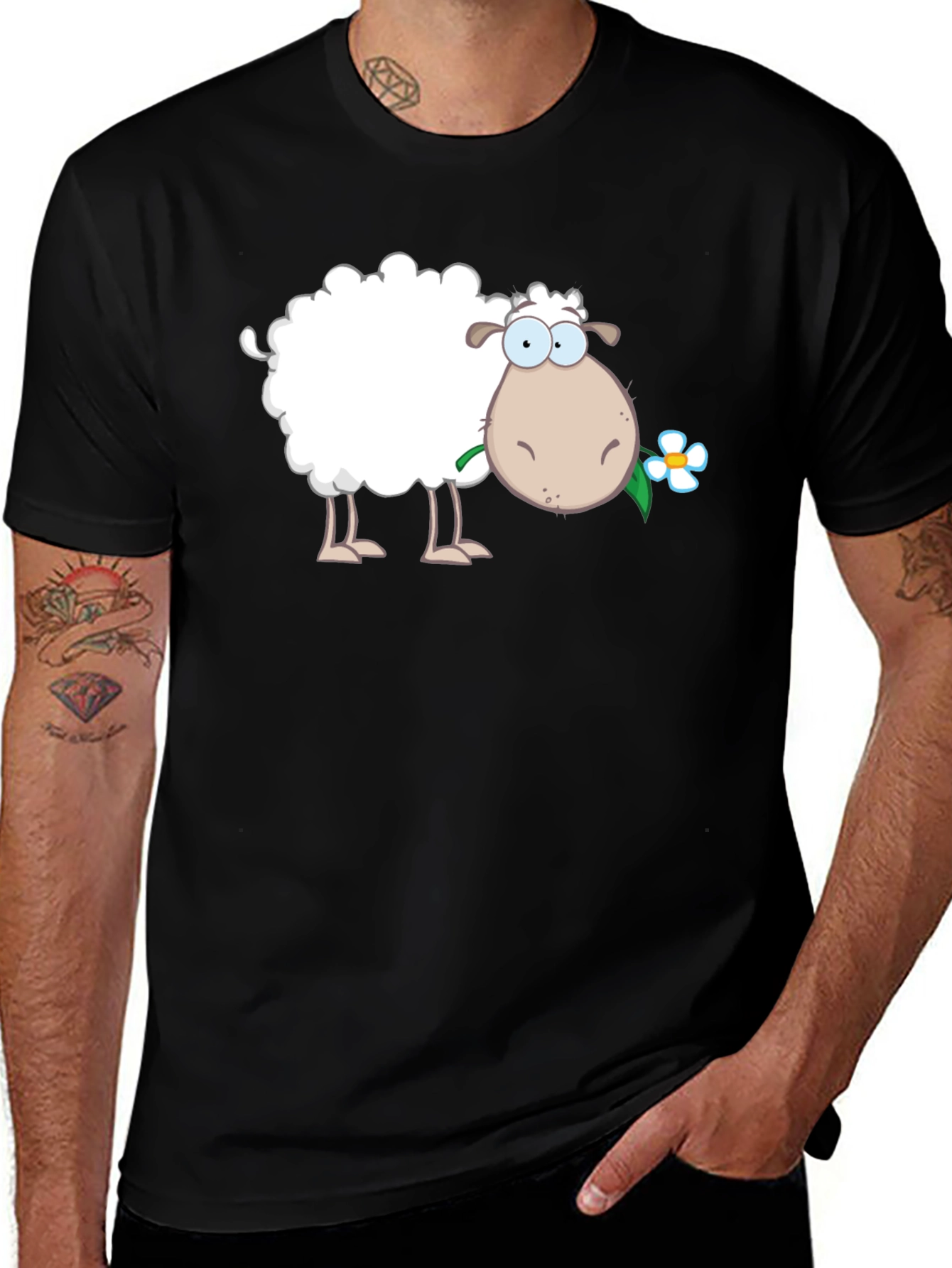 Funny Sheep with Flower Black T-Shirt