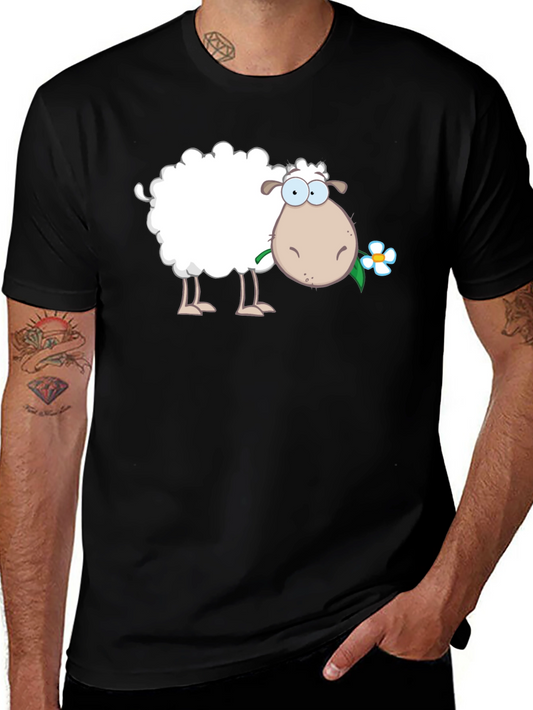 Funny Sheep with Flower Black T-Shirt