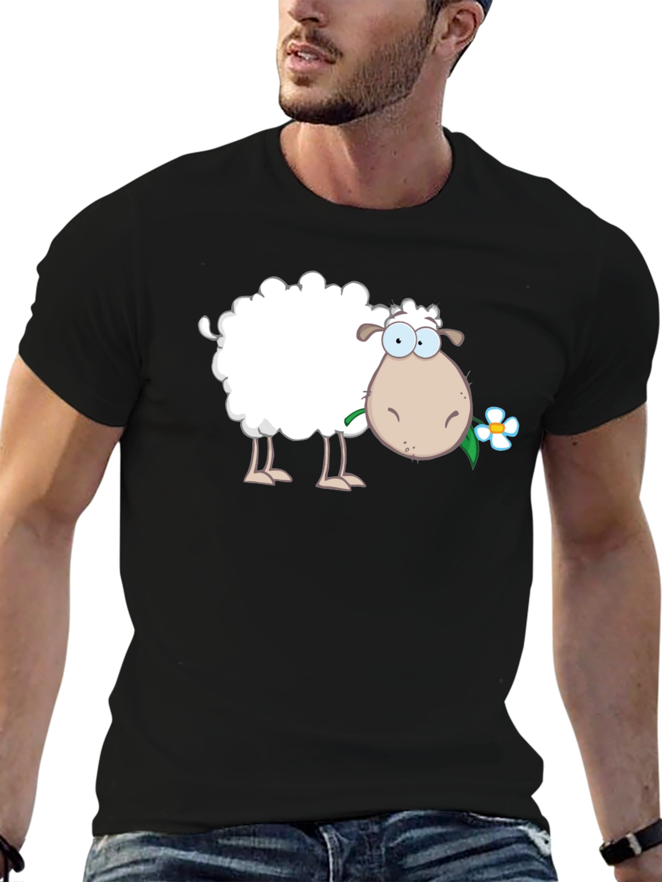 Funny Sheep with Flower Black T-Shirt