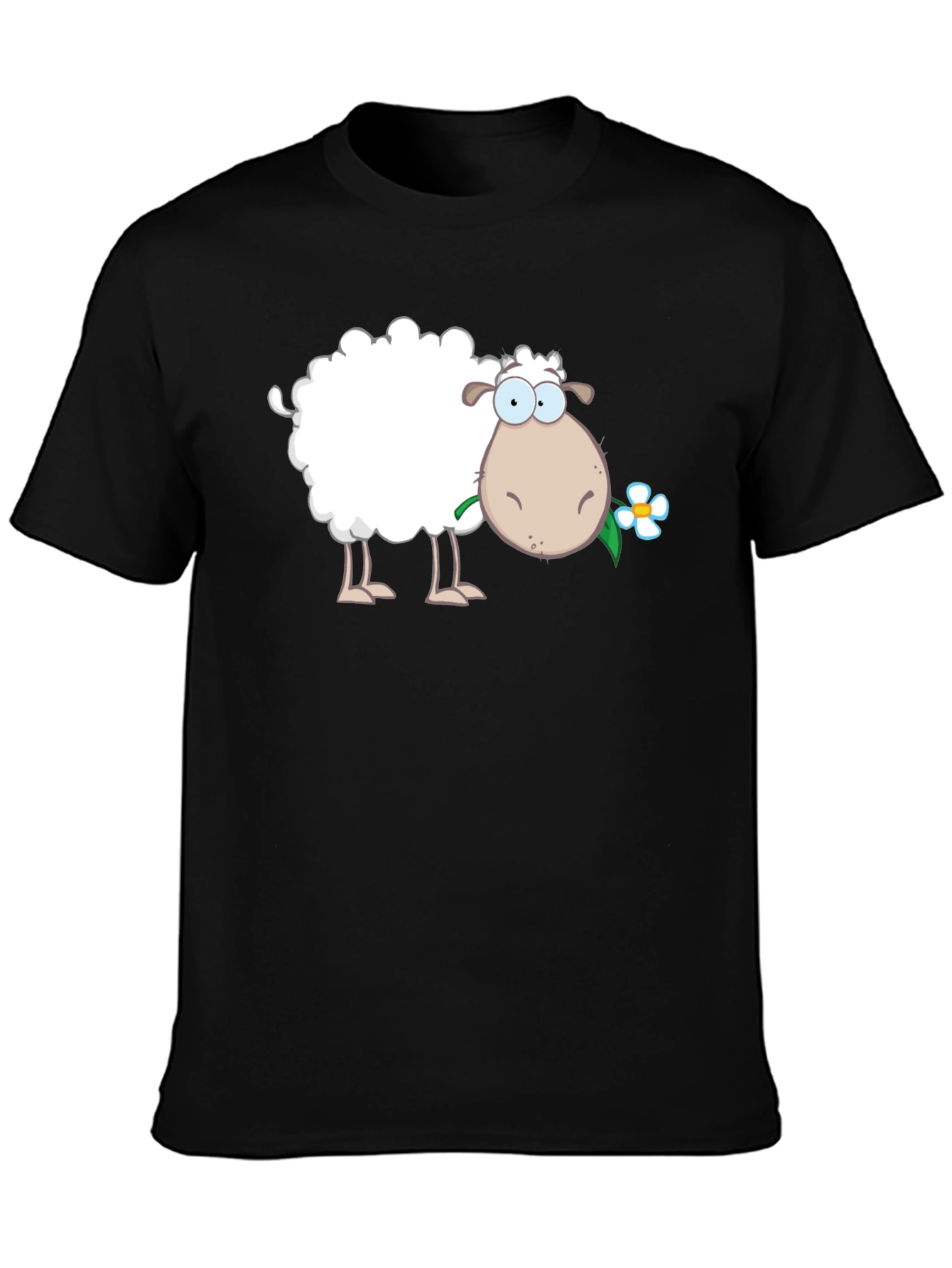 Funny Sheep with Flower Black T-Shirt