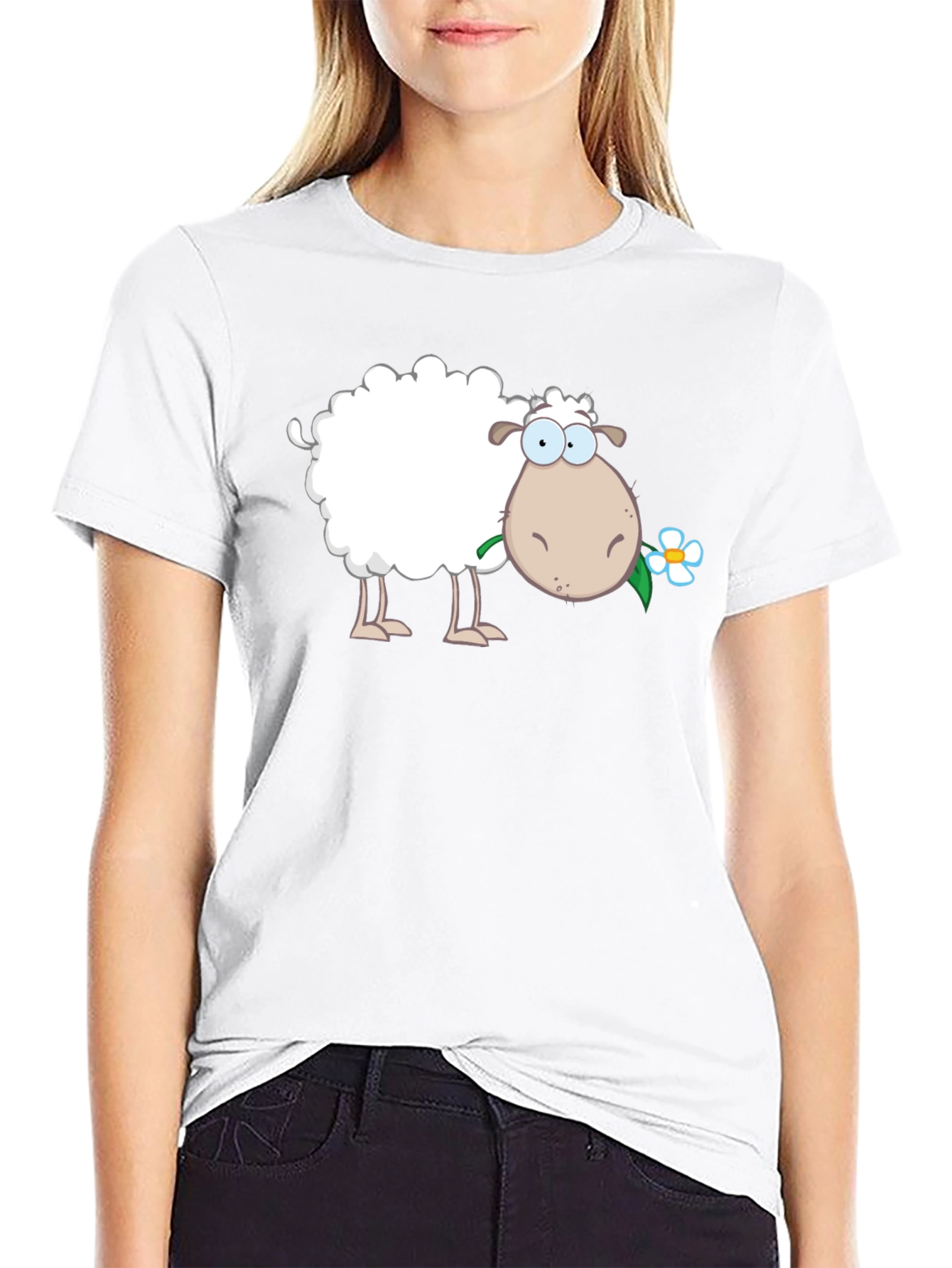 Funny Sheep with Flower Black T-Shirt
