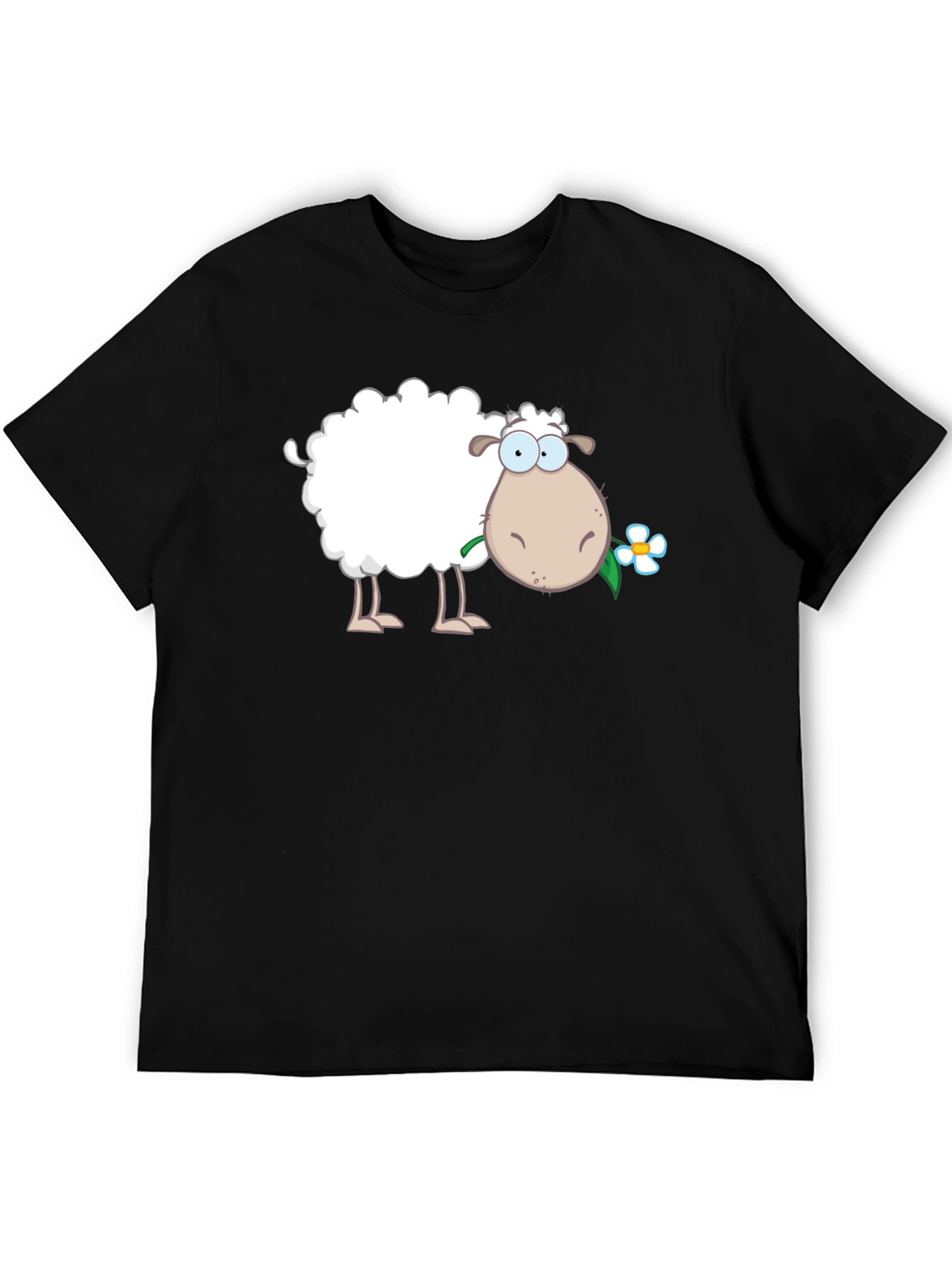 Funny Sheep with Flower Black T-Shirt