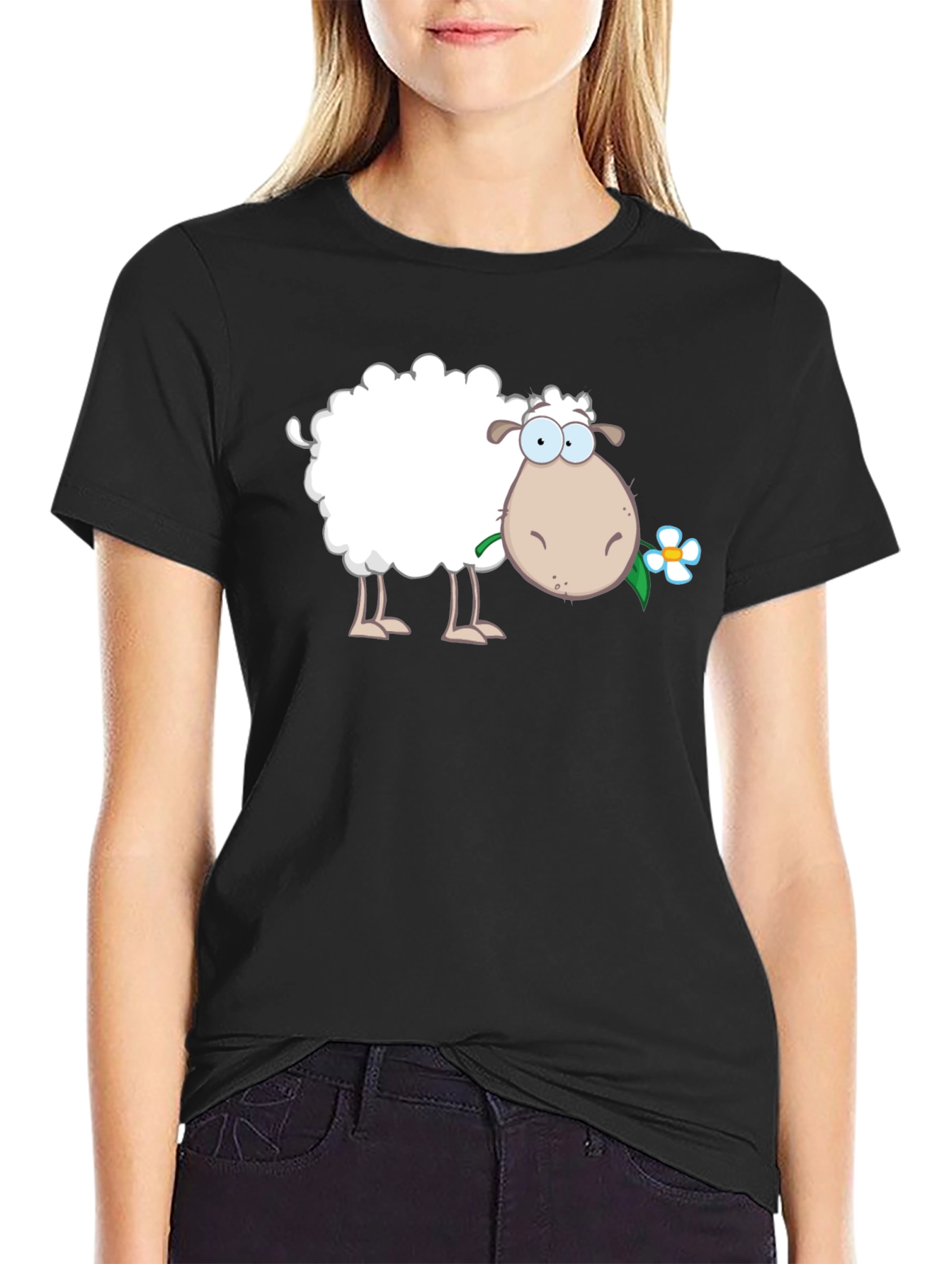 Funny Sheep with Flower Black T-Shirt