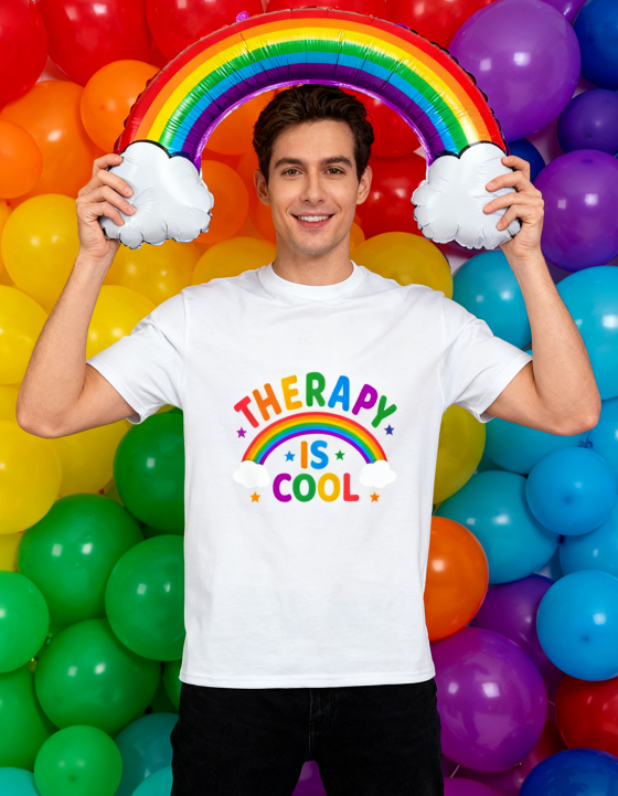 Therapy Is Cool Rainbow T-Shirt - 100% Cotton, Mental Health Awareness Tee for Daily & Casual Occasions