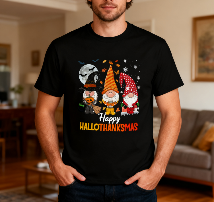 Happy HalloThanksMas Gnomes Graphic T-Shirt | 100% Cotton, Versatile for Multiple Occasions