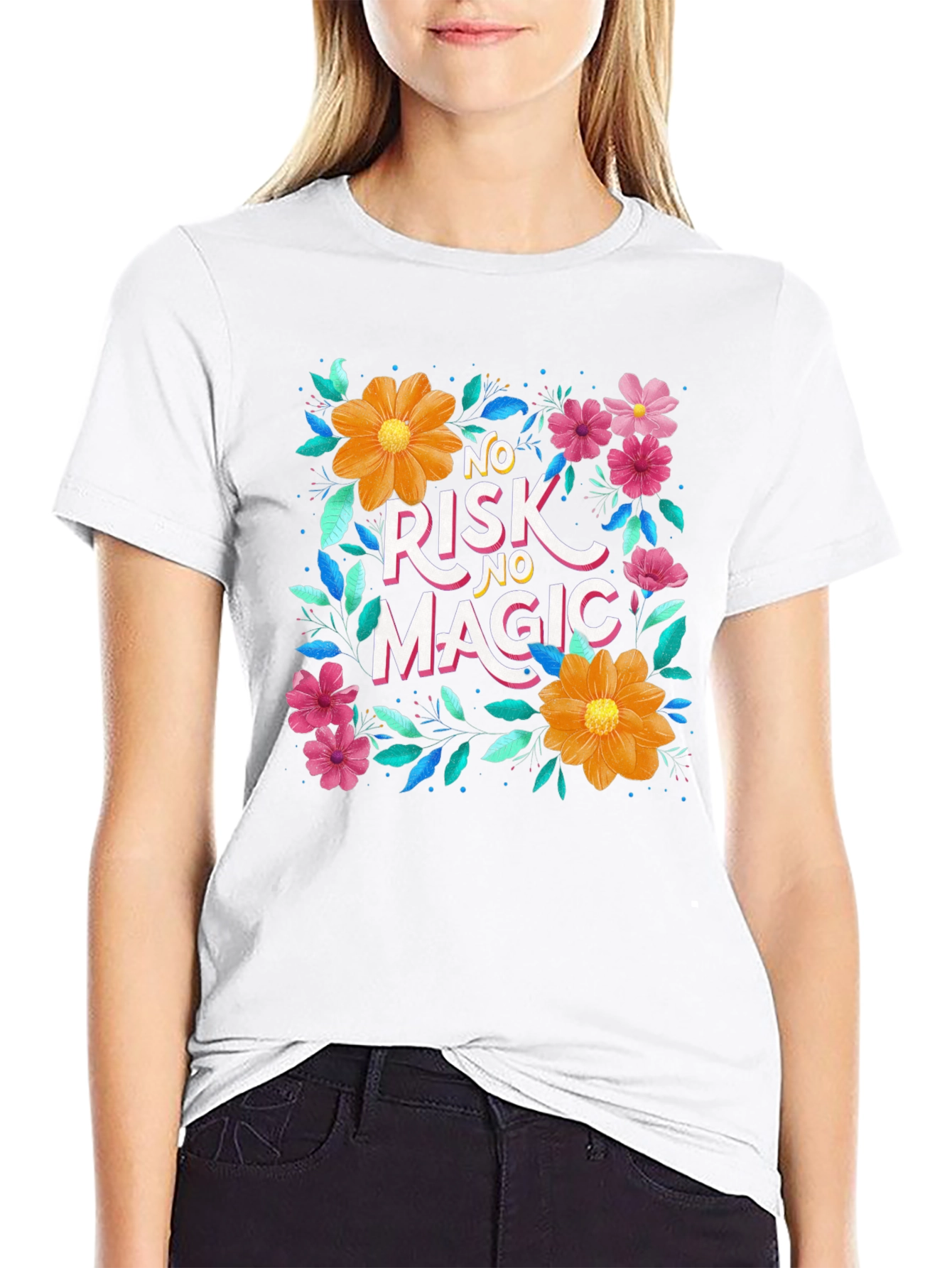 Floral No Risk No Magic Black Graphic T-Shirt