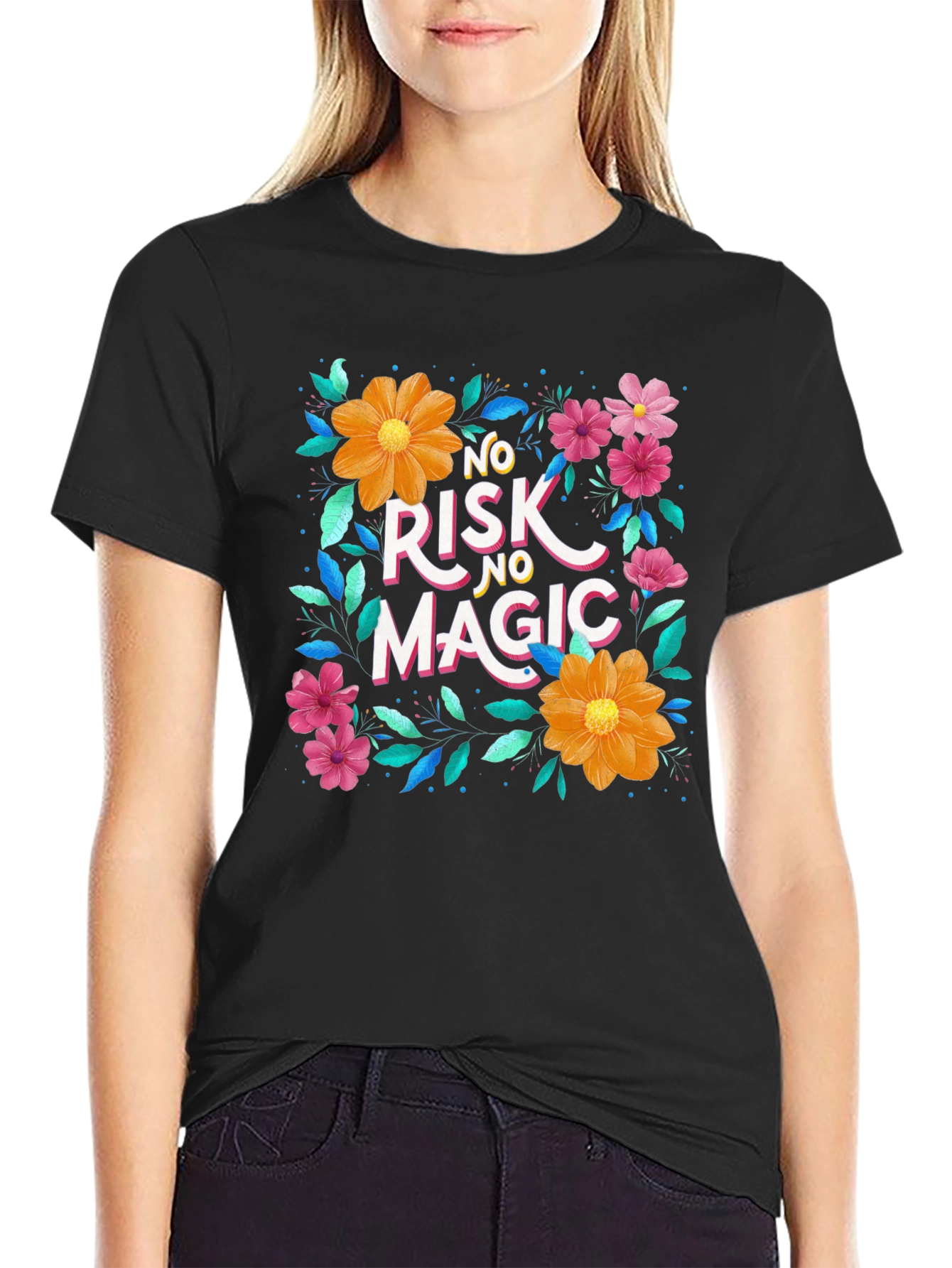 Floral No Risk No Magic Black Graphic T-Shirt