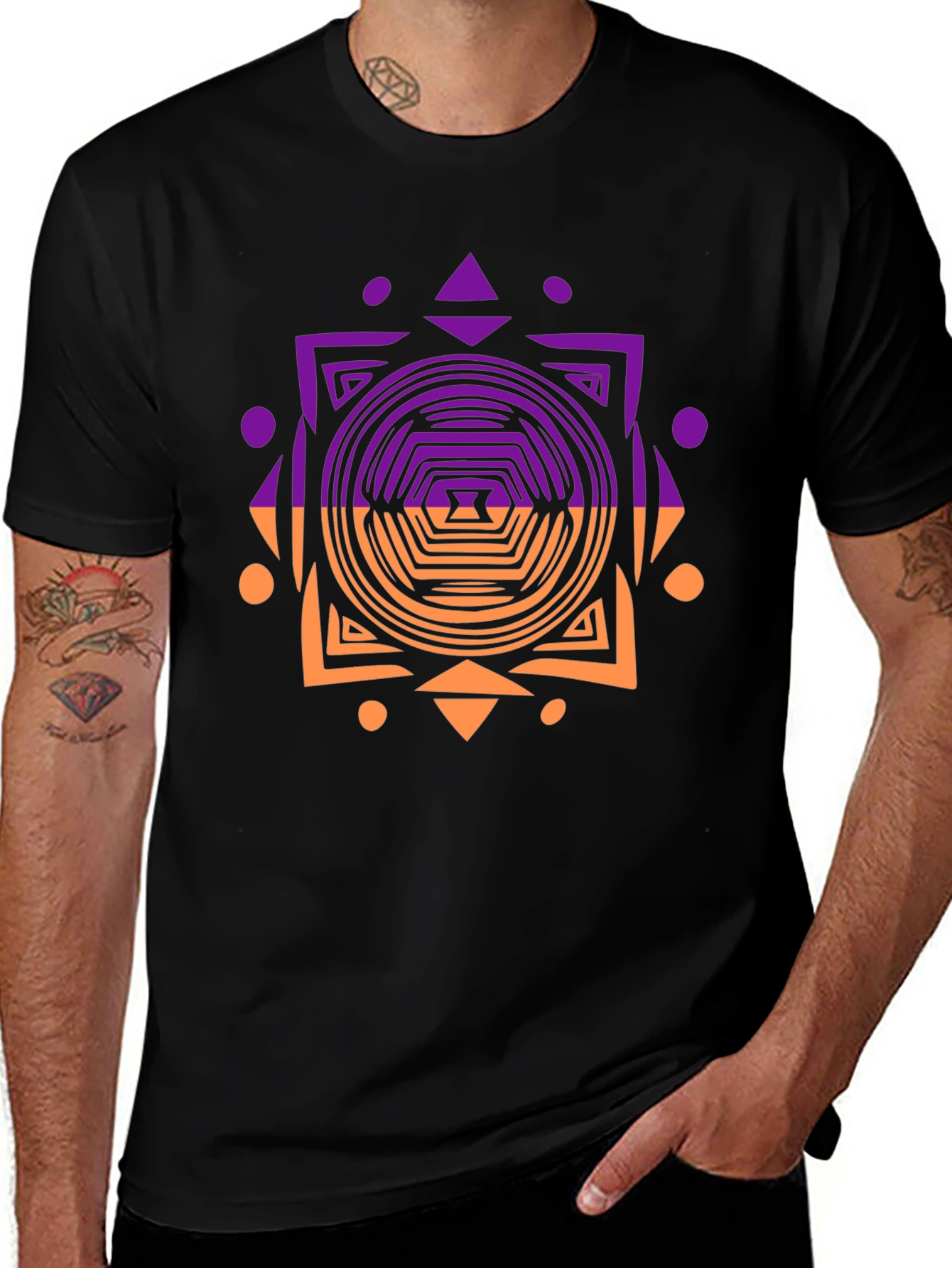Geometric Patterned Mens Black T-Shirt