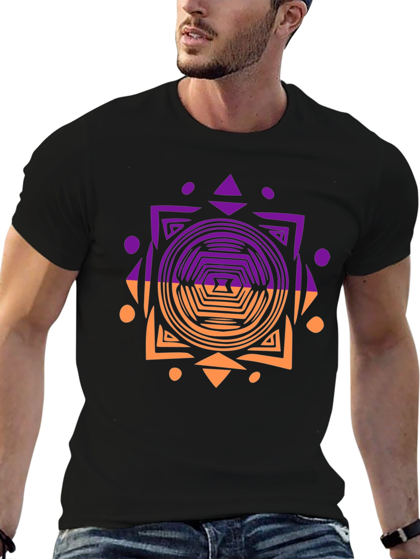 Geometric Patterned Mens Black T-Shirt