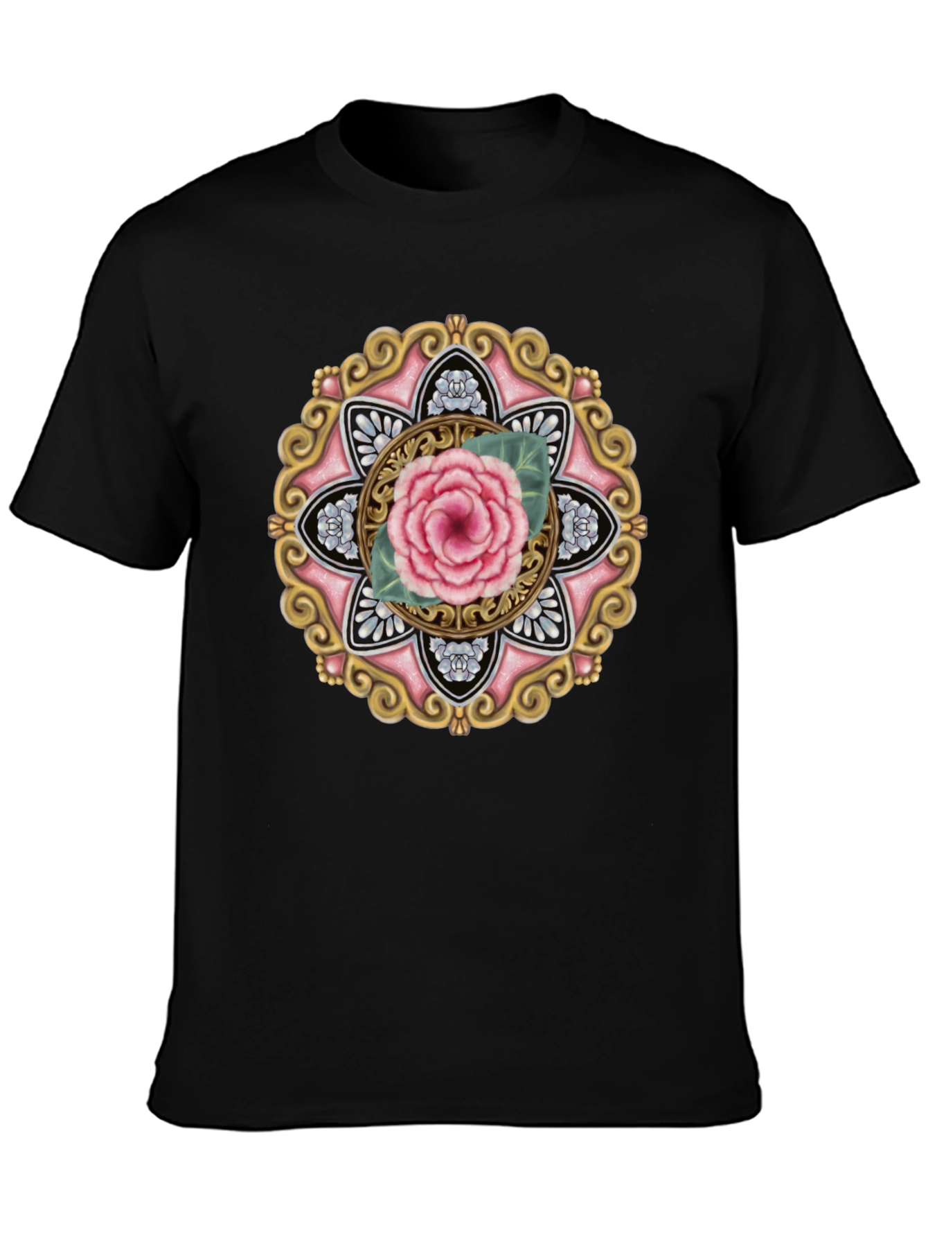 Floral Mandala Graphic Tee - Black Cotton Blend