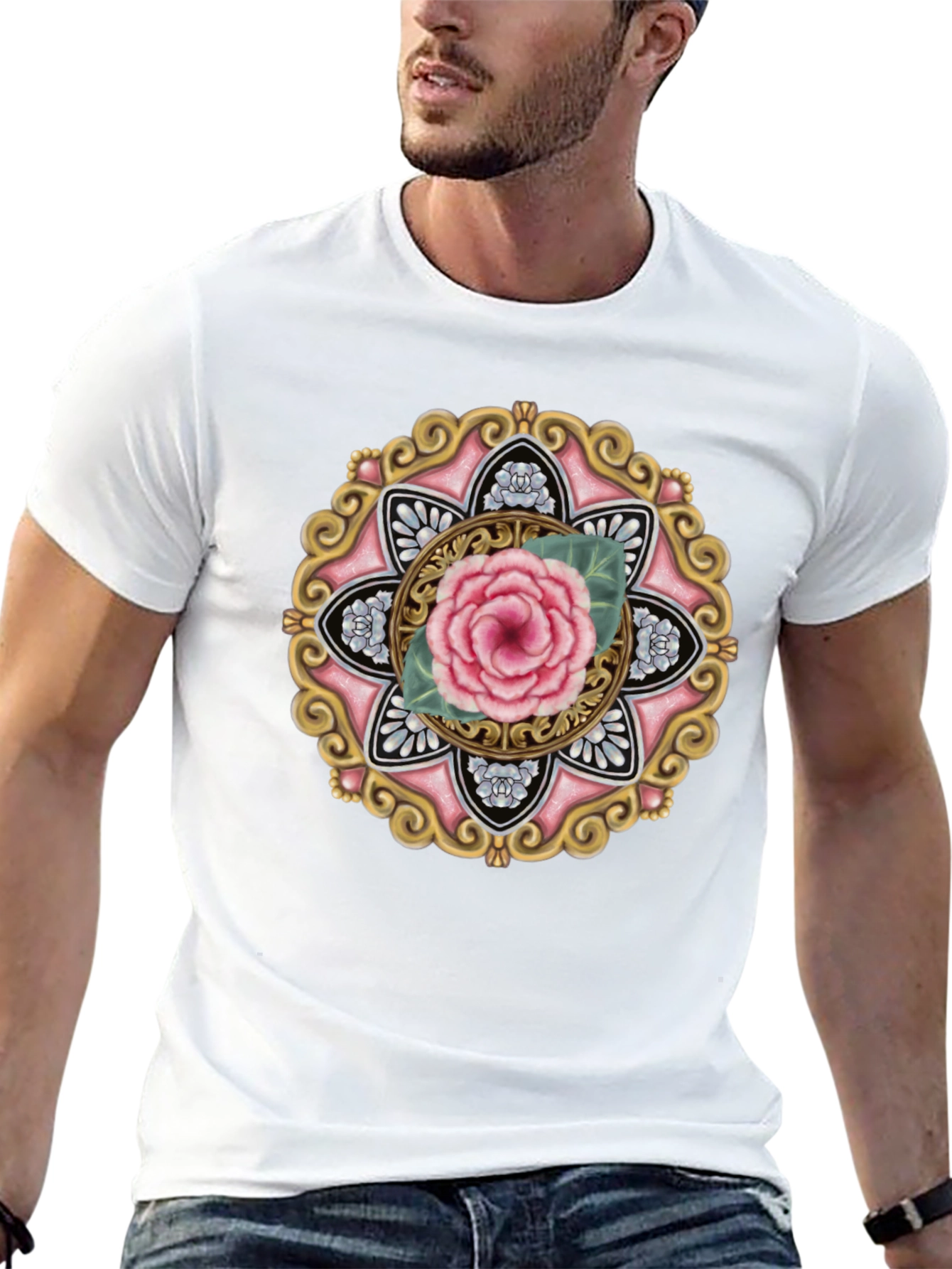 Floral Mandala Graphic Tee - Black Cotton Blend