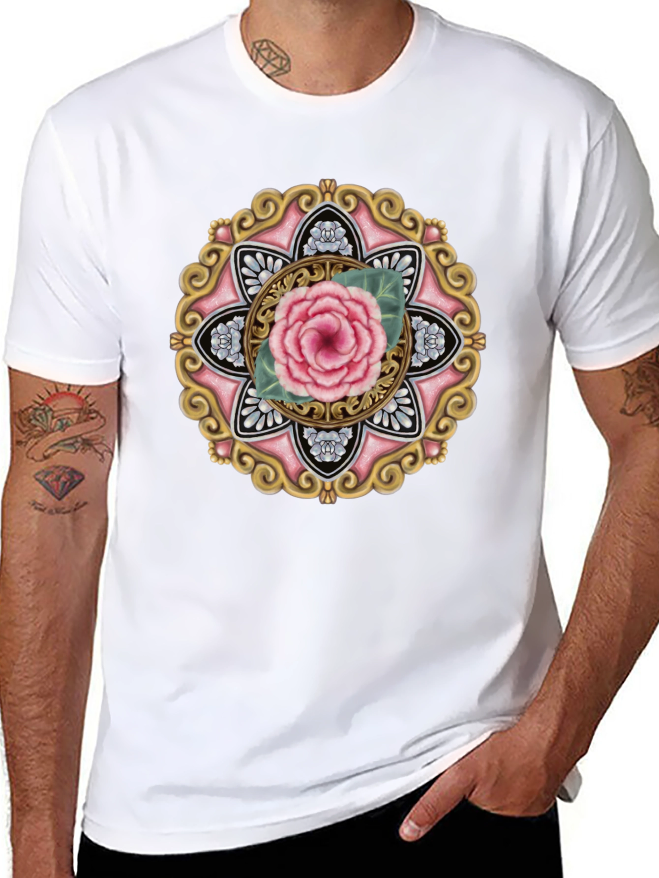 Floral Mandala Graphic Tee - Black Cotton Blend