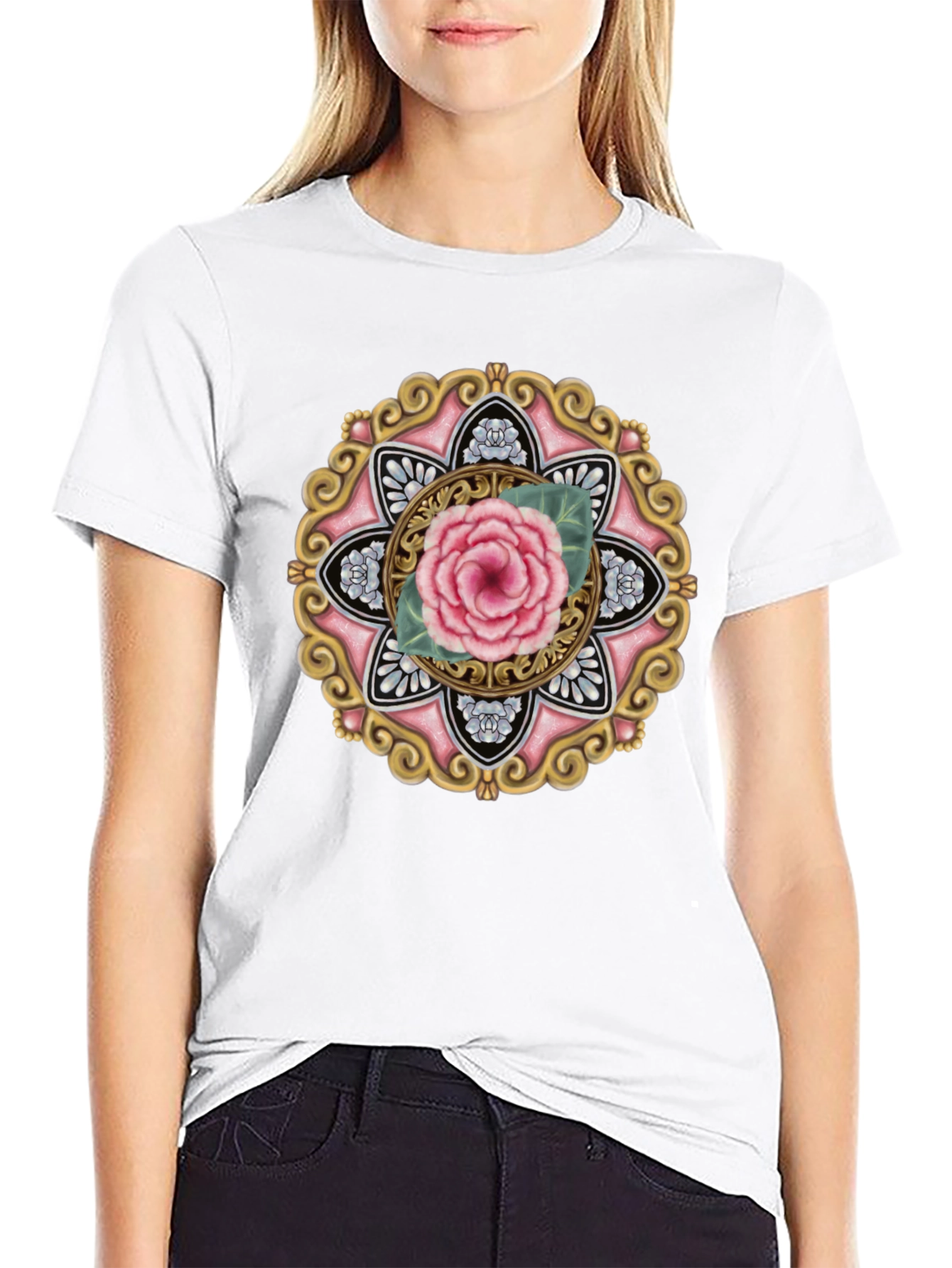 Floral Mandala Graphic Tee - Black Cotton Blend