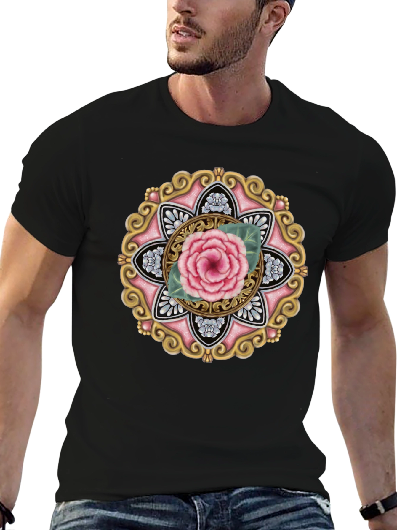 Floral Mandala Graphic Tee - Black Cotton Blend