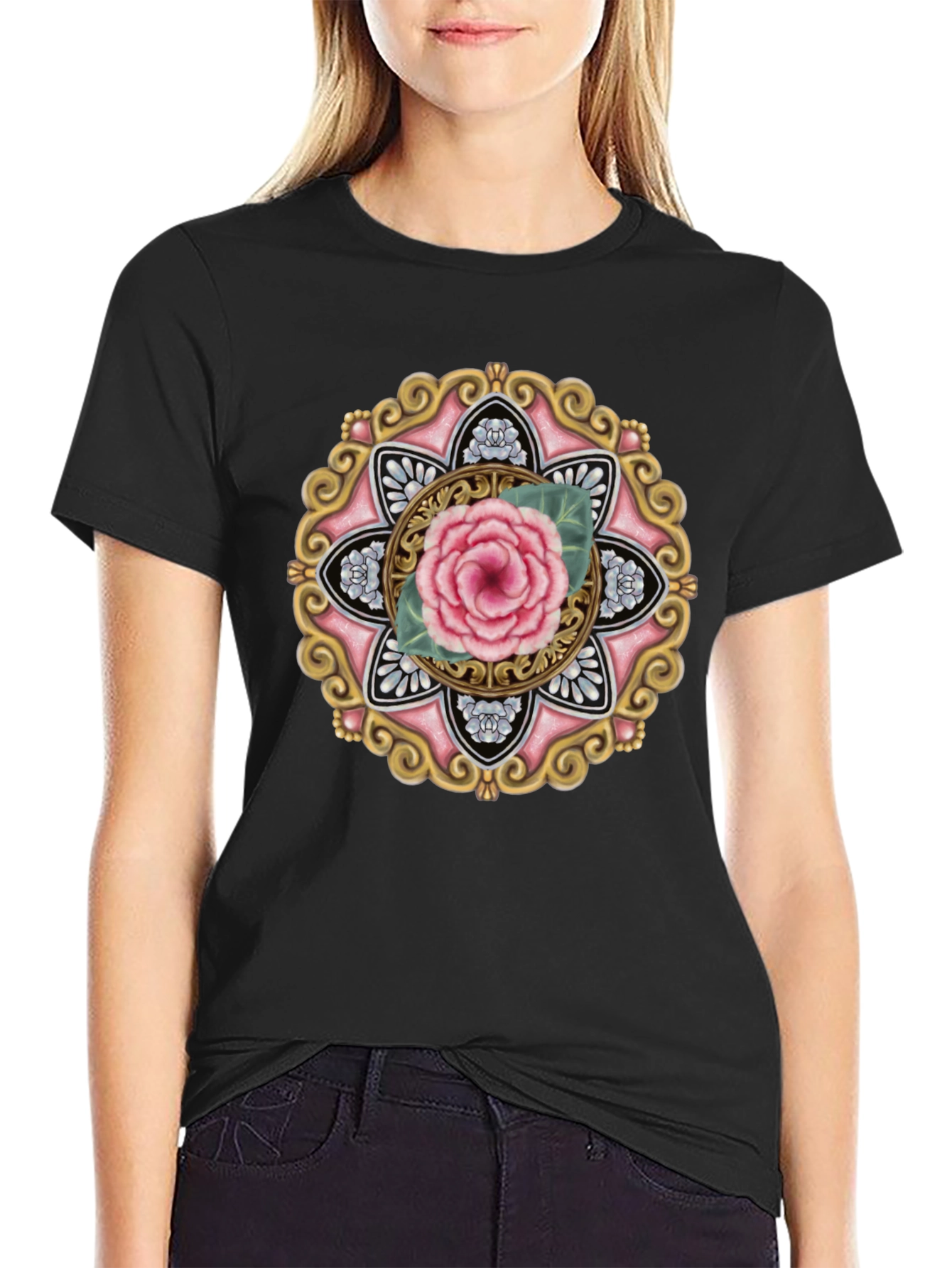 Floral Mandala Graphic Tee - Black Cotton Blend