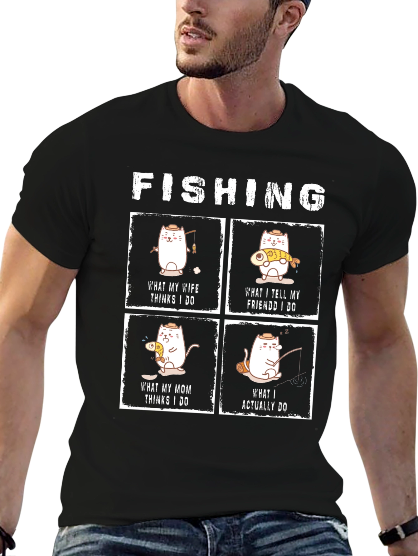 Funny Fishing Cat Graphic T-Shirt