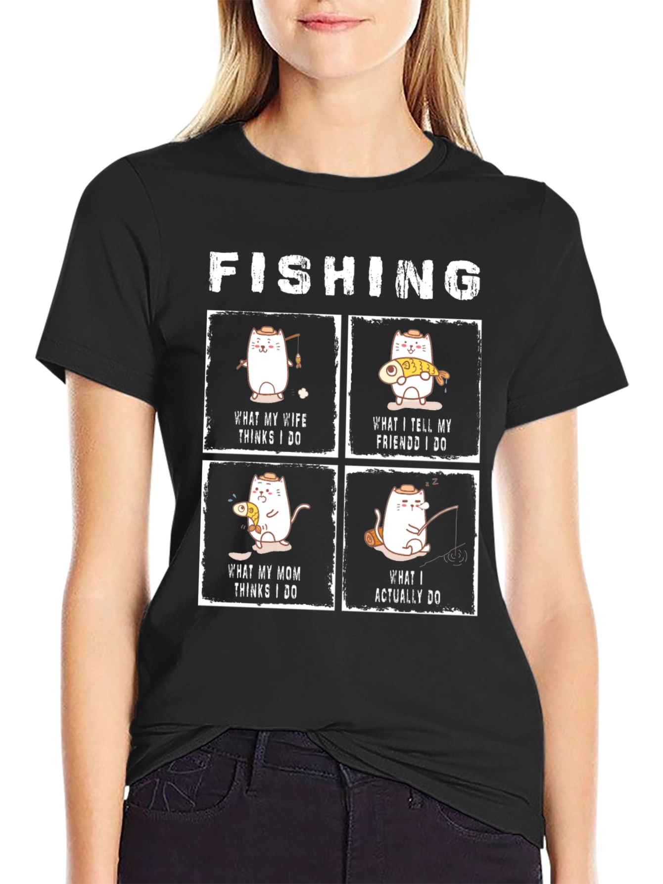 Funny Fishing Cat Graphic T-Shirt