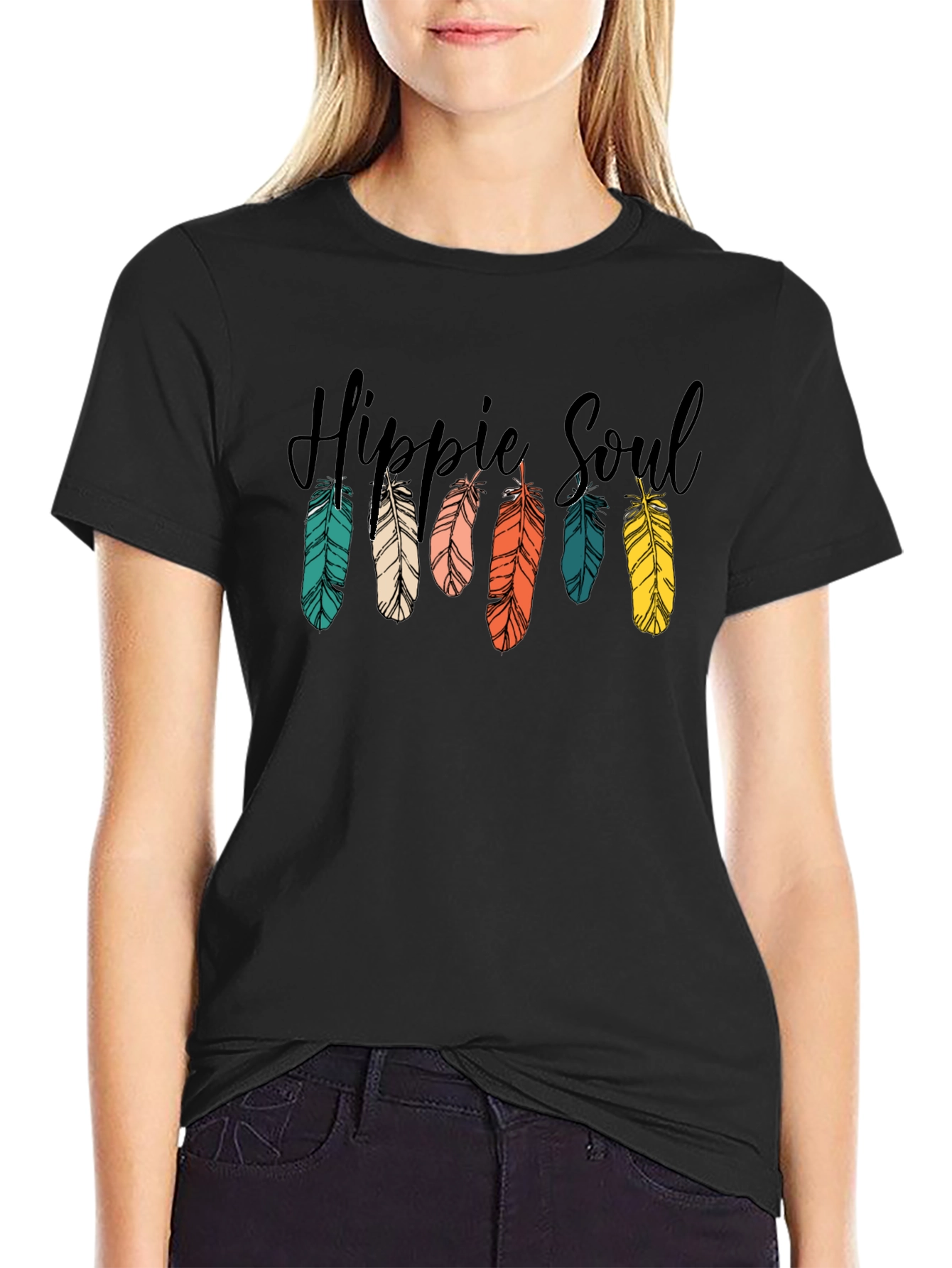 Hippie Soul Feather Graphic T-Shirt - Black