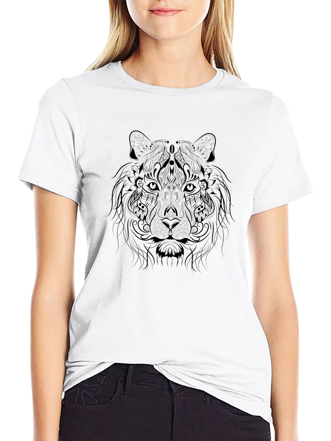 Black Graphic Tee with Tribal Tiger Design