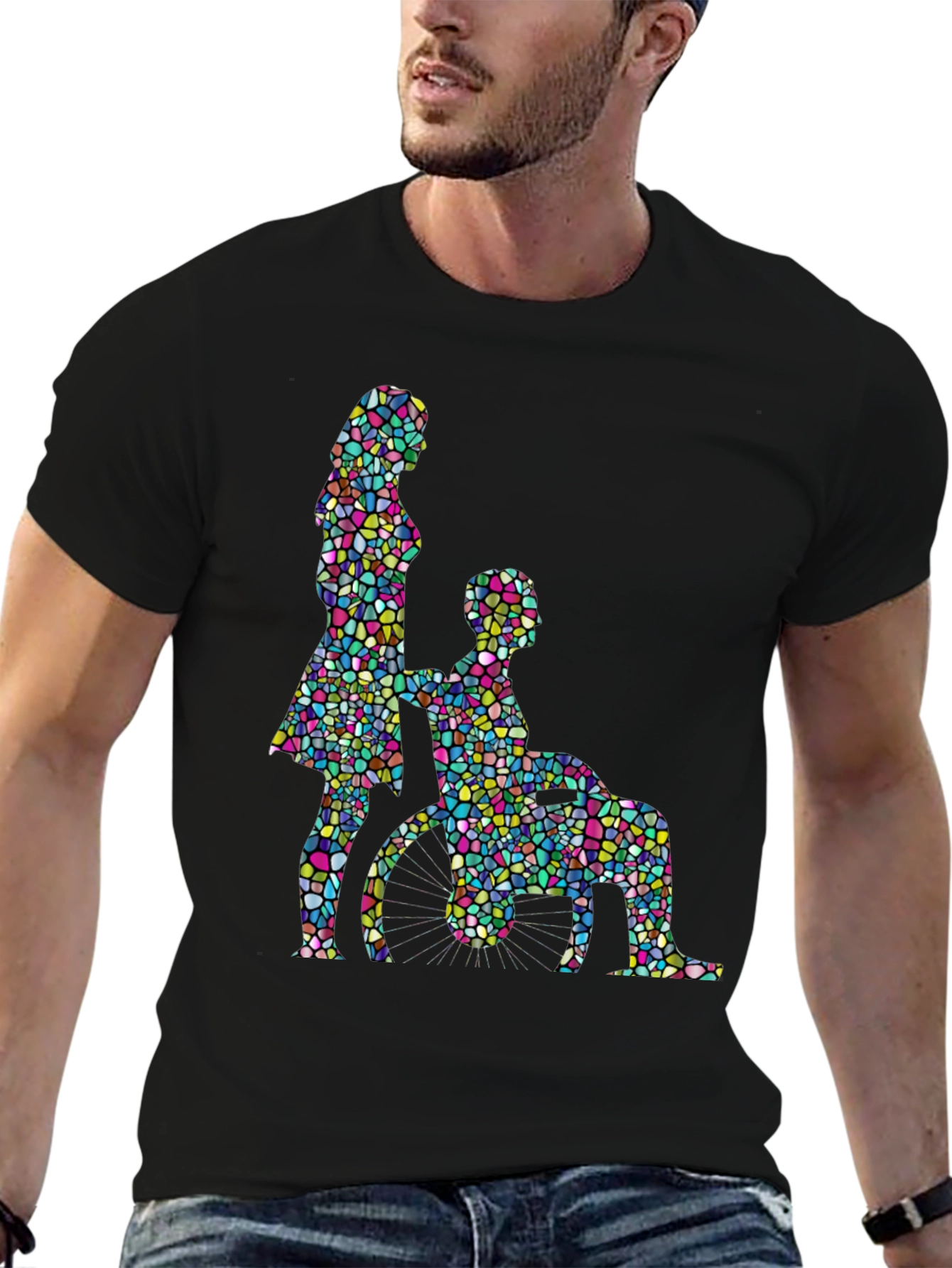 Mosaic Couple Graphic Tee - Black Cotton T-Shirt