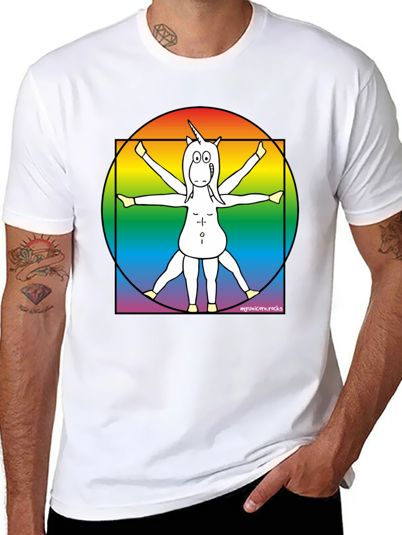 Vitruvian Unicorn T-Shirt - Rainbow Design