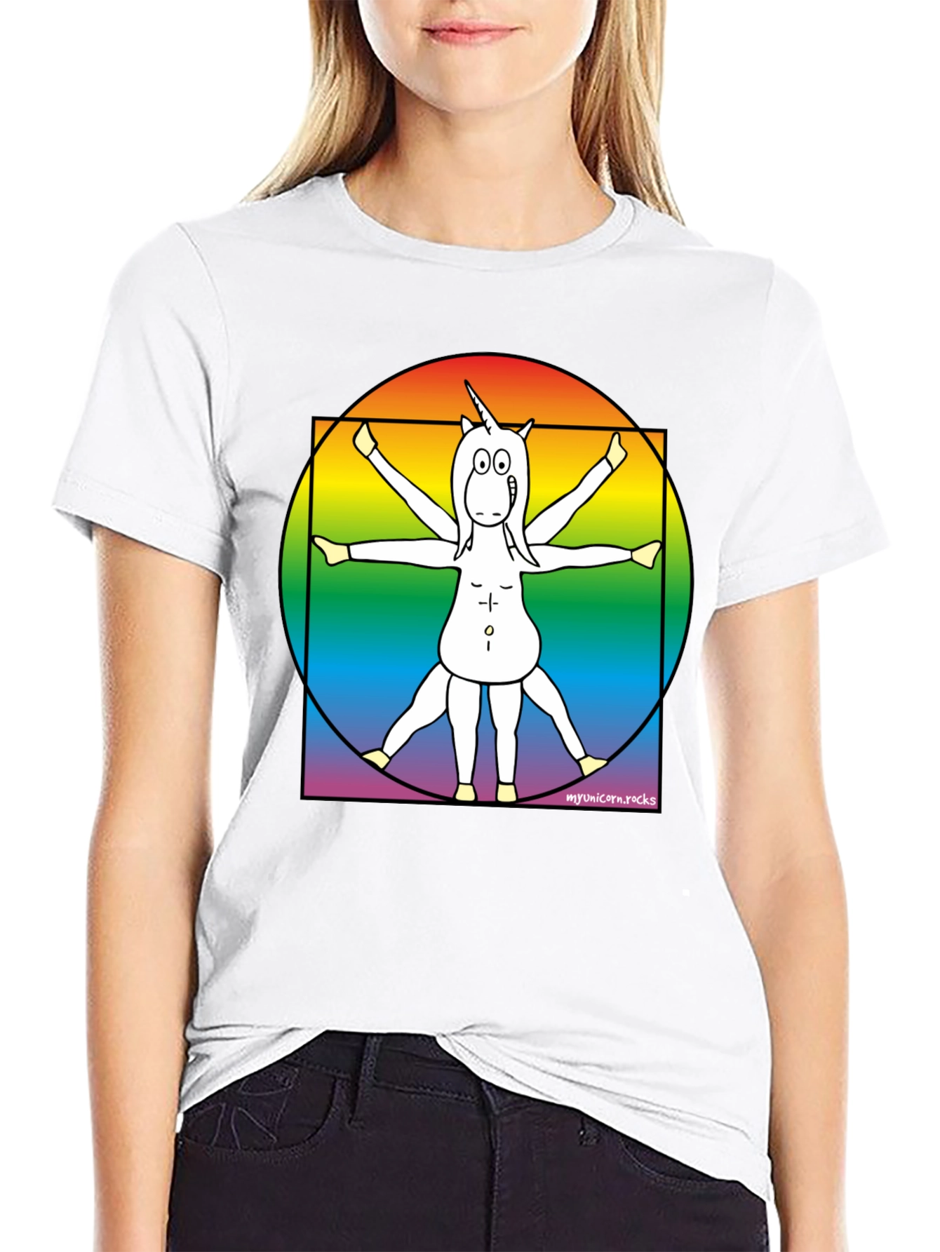 Vitruvian Unicorn T-Shirt - Rainbow Design
