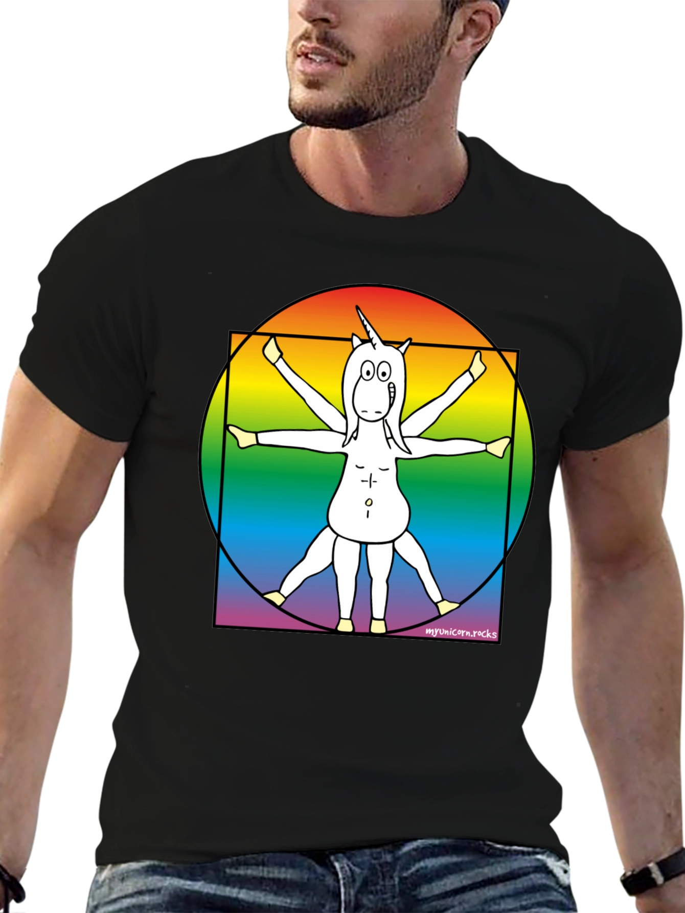 Vitruvian Unicorn T-Shirt - Rainbow Design