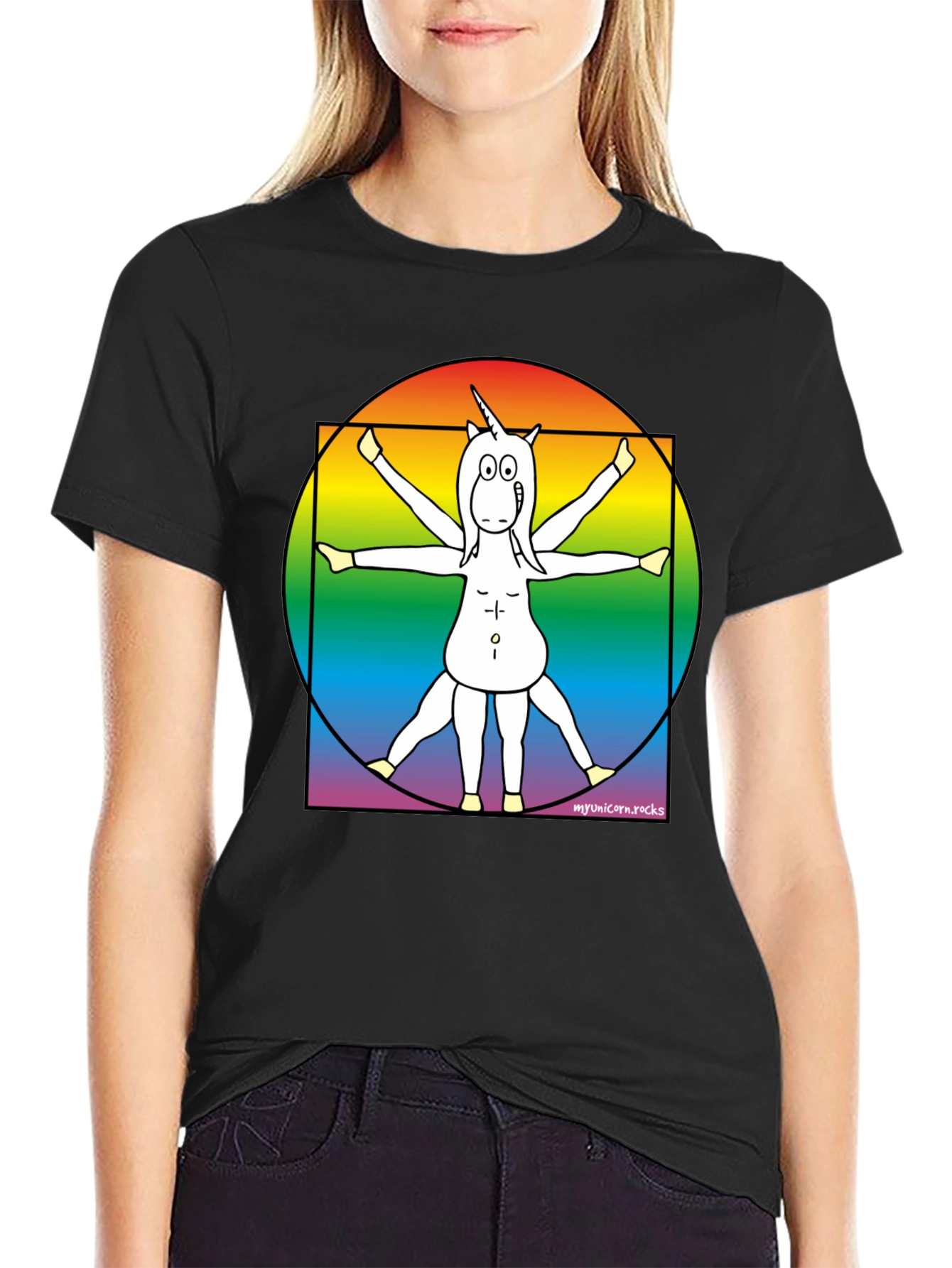 Vitruvian Unicorn T-Shirt - Rainbow Design