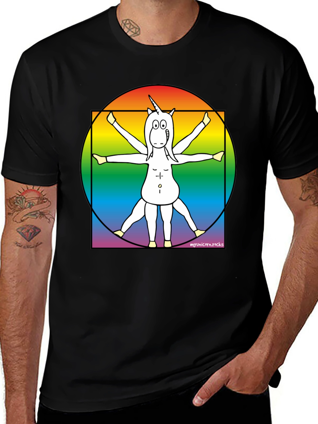 Vitruvian Unicorn T-Shirt - Rainbow Design