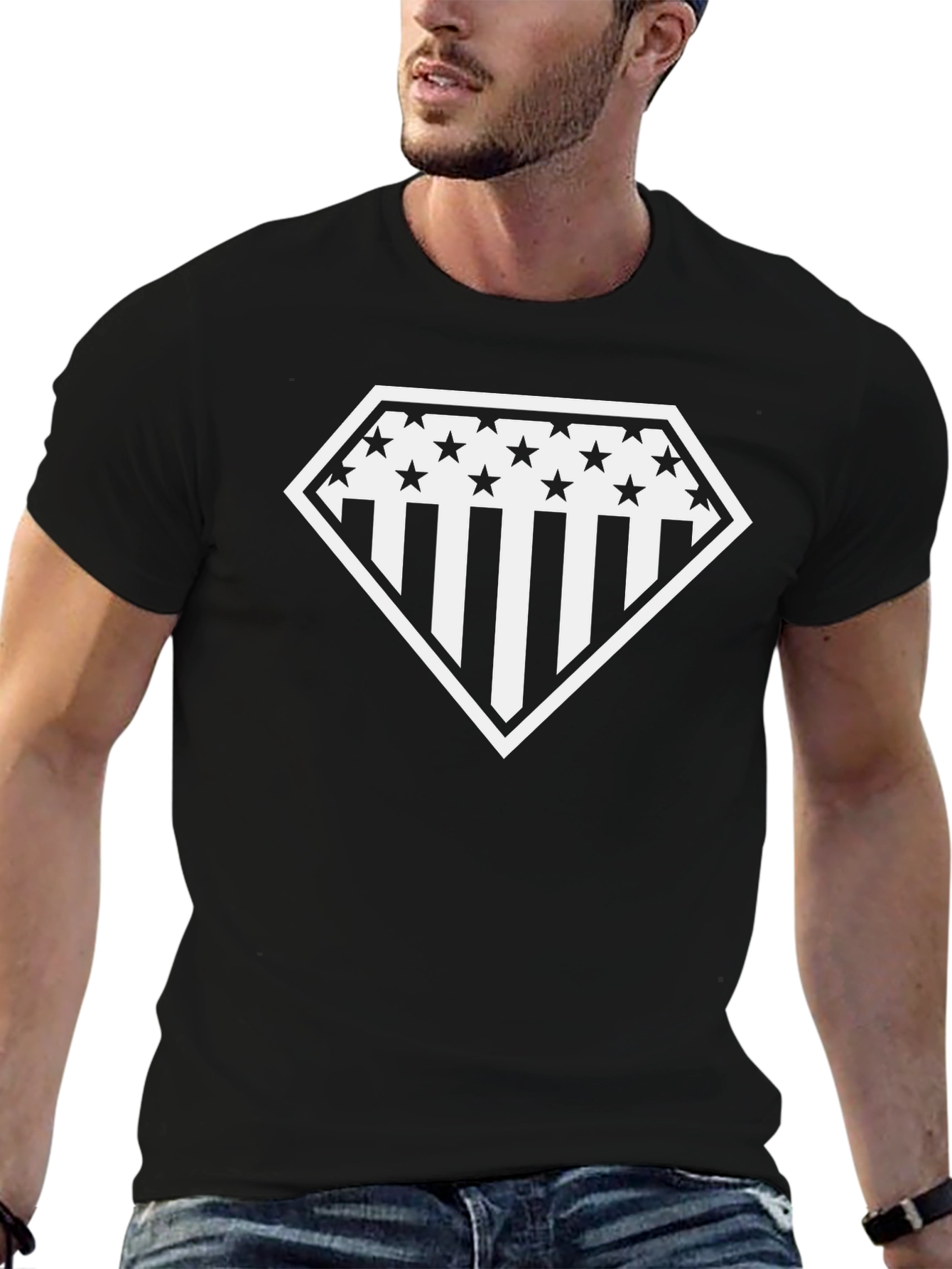 Patriotic Diamond Star & Stripes Graphic Tee - Black