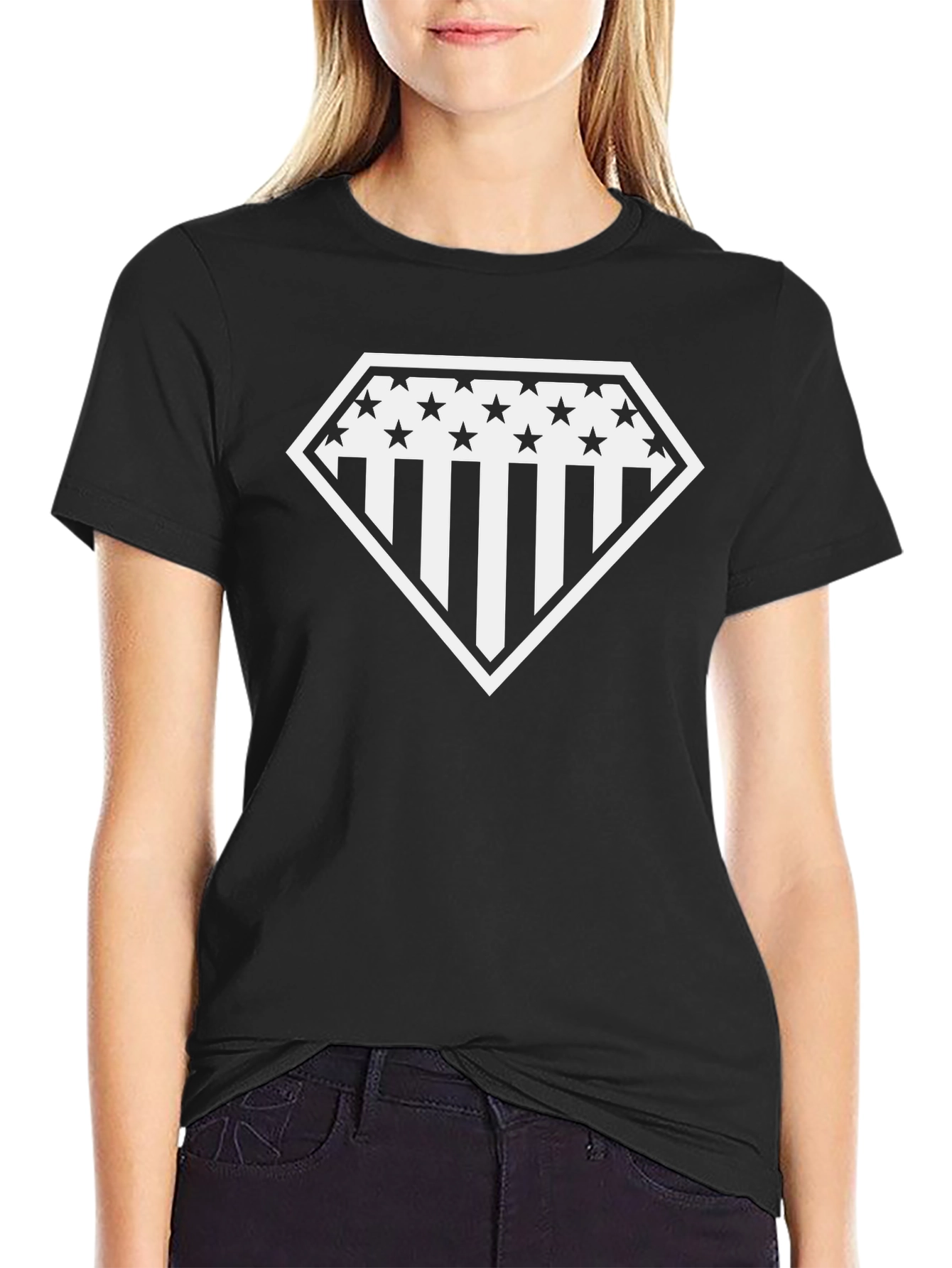 Patriotic Diamond Star & Stripes Graphic Tee - Black