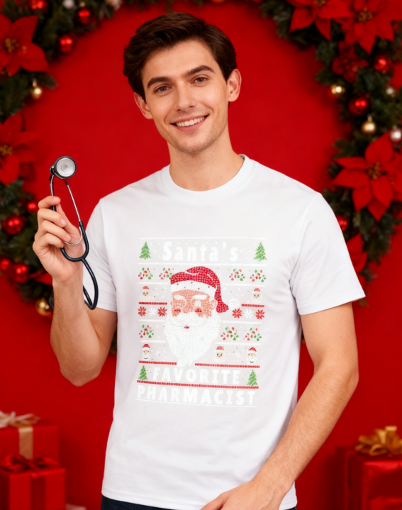 Santa's Favorite Pharmacist Christmas T-Shirt - 100% Cotton, Festive Tee for Holiday & Professional Occasions