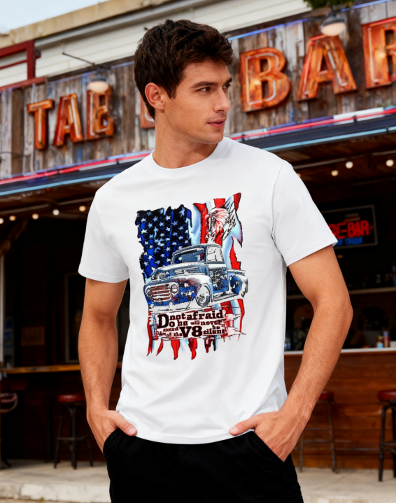 American Vintage Truck & USA Flag T-Shirt - 100% Cotton, Retro Auto Enthusiast Tee for Daily & Outdoor Occasions