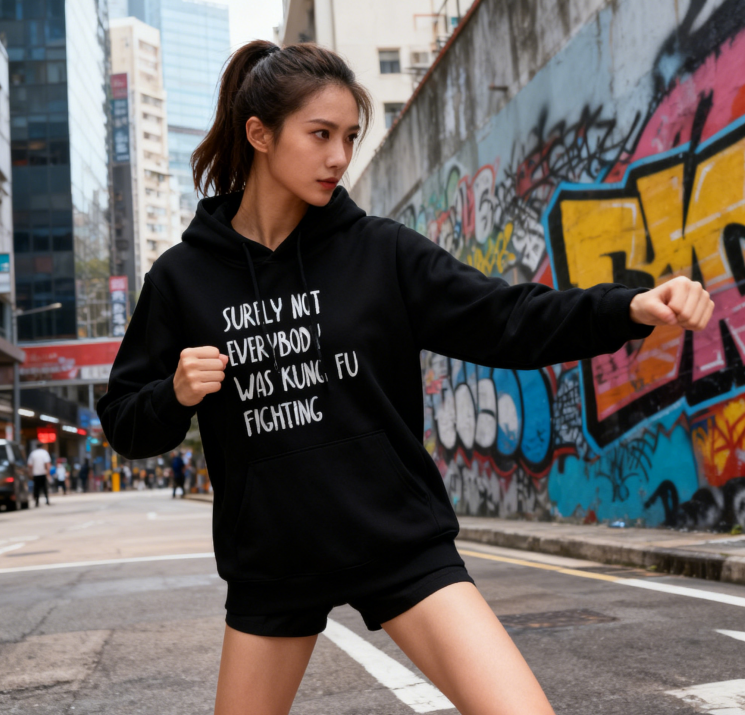 Surely Not Everybody Was Kung Fu Fighting" Graphic Hoodie - Unisex Retro Casual Pullover (Black & White)